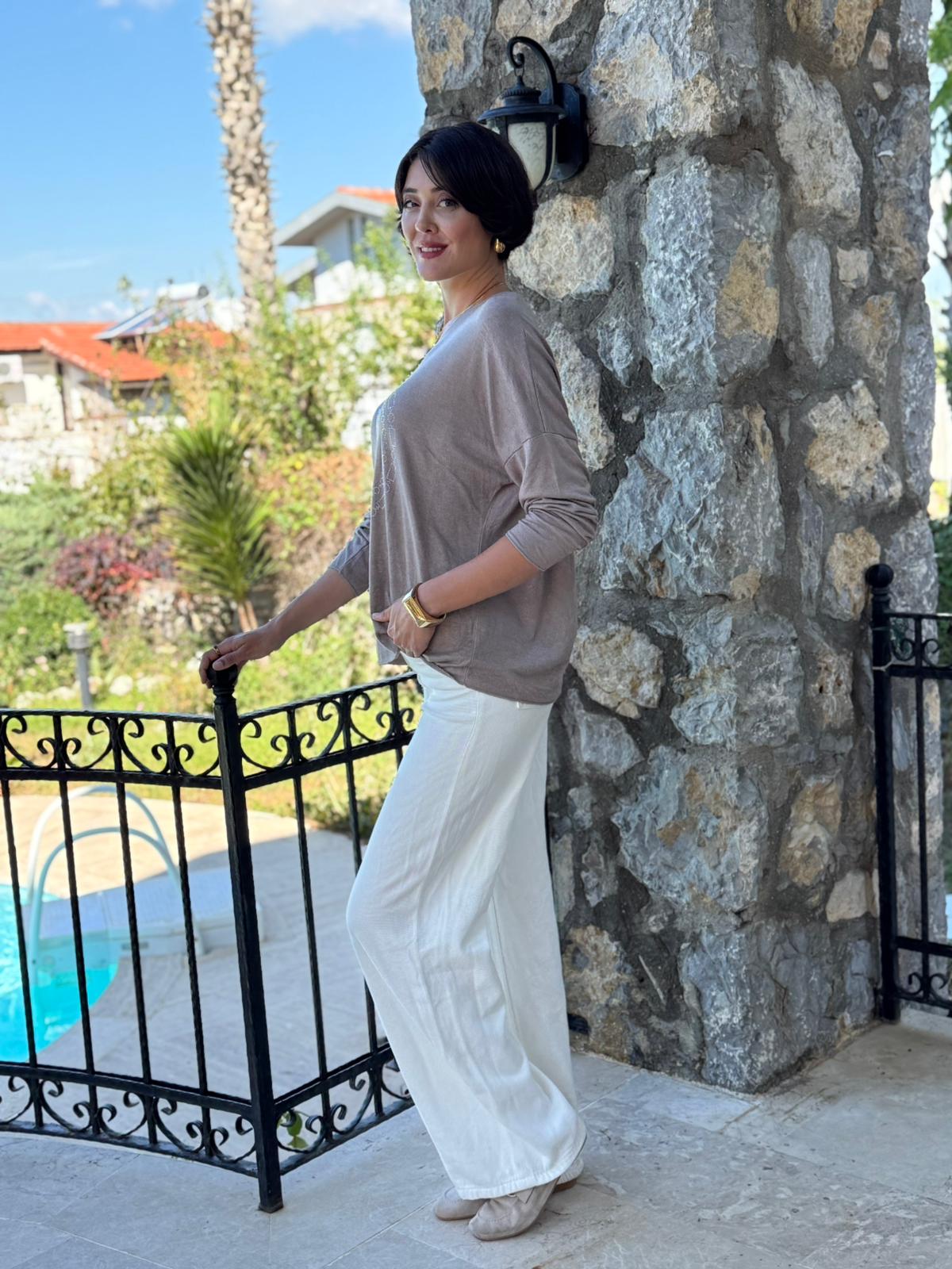 FXLS82681 İtalyan Taş Baskılı Triko Bluz Vizon