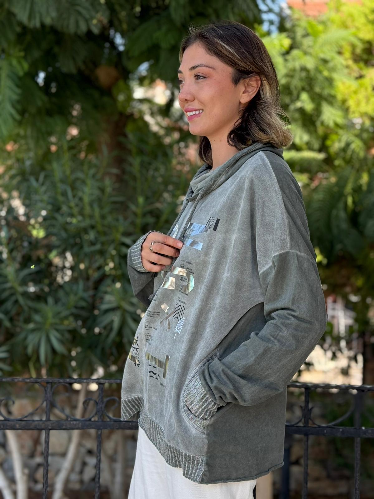NC53050D İtalyan Yazı Baskılı Cepli Kapüşonlu Coton Sweatshirt Haki