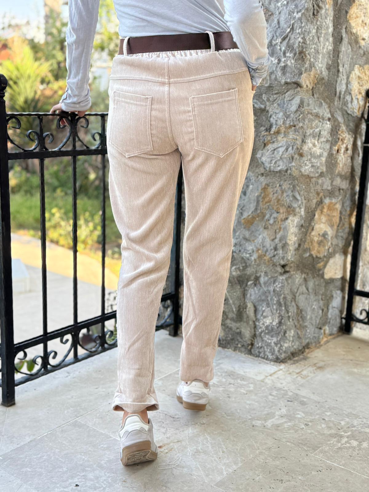 LS12520 İtalyan Yıldız Taşlı Kadife Pantolon Krem