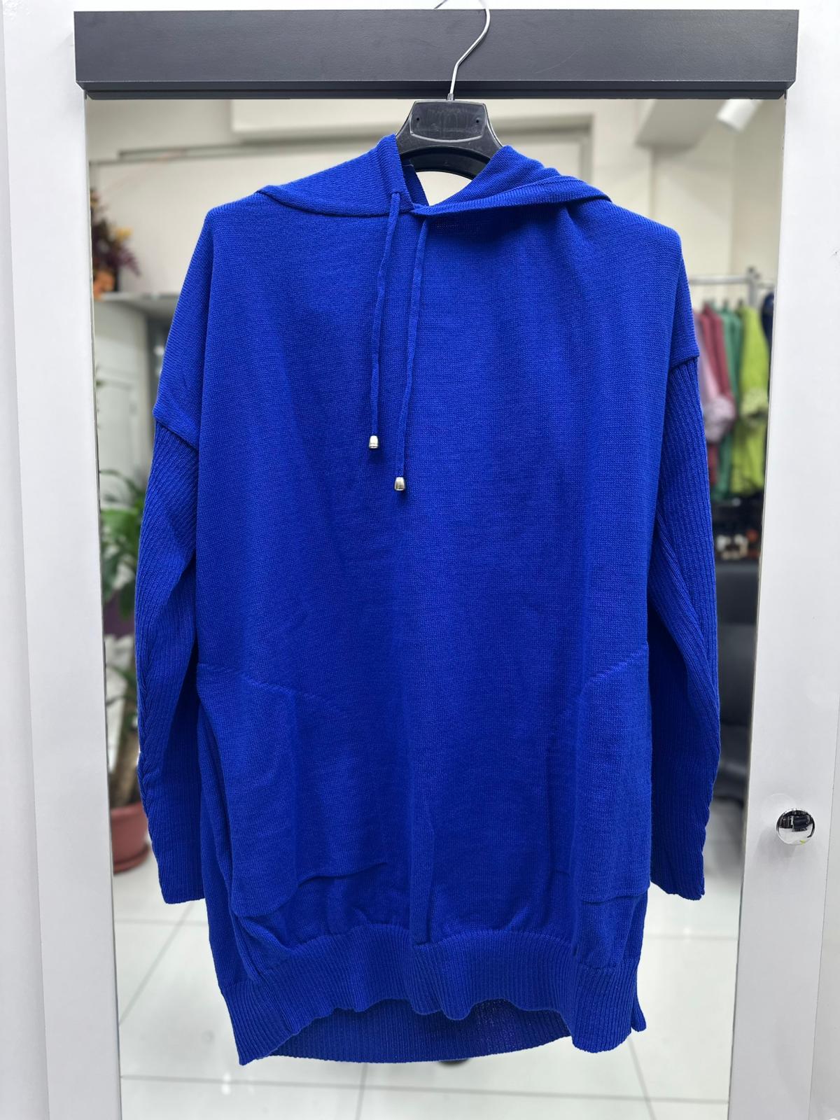MT3096 Kapüşonlu Cepli Triko Sweatshirt Saks