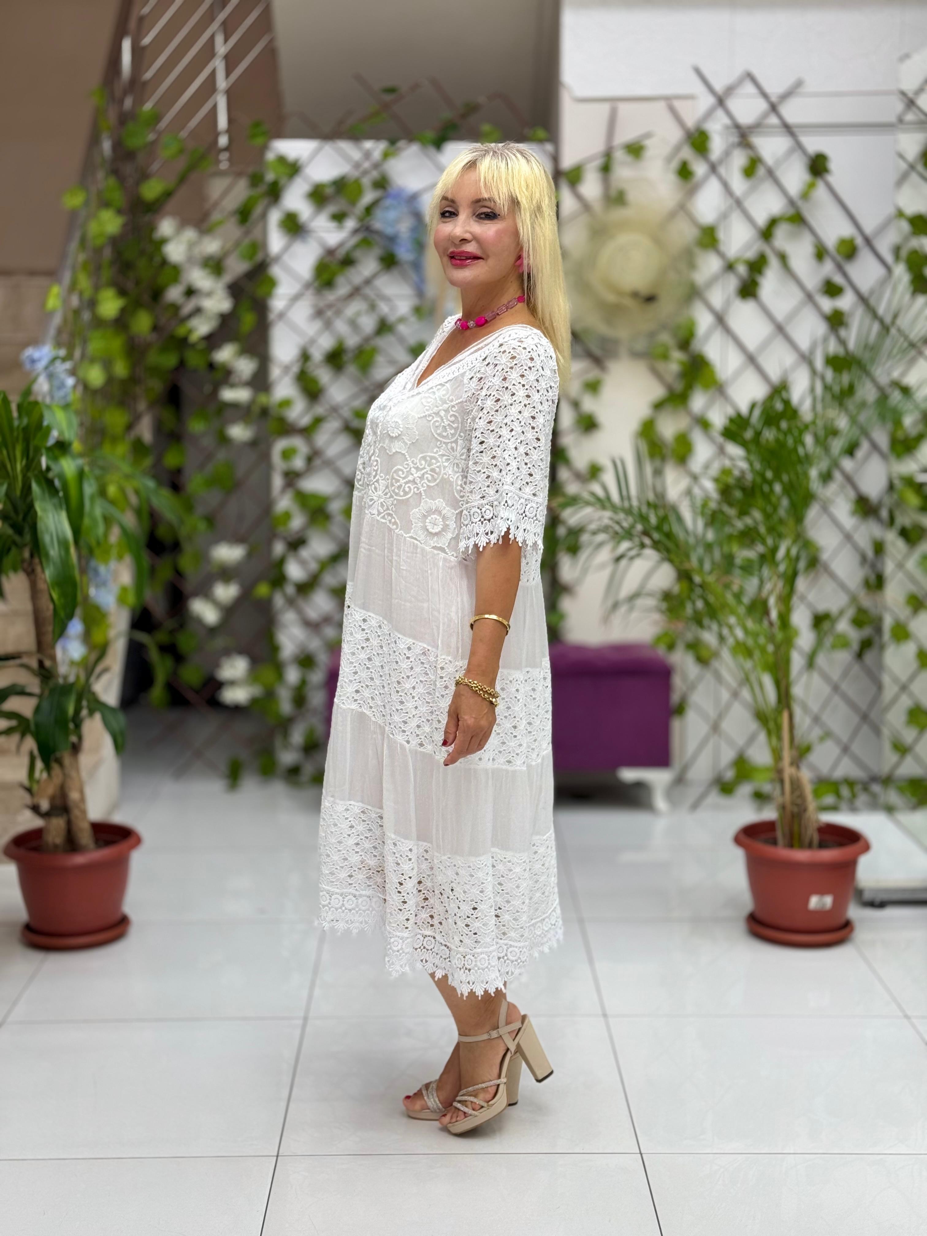 NC10938 İtalyan Pul Payetli Yarım Kol Midi İpek Elbise Beyaz