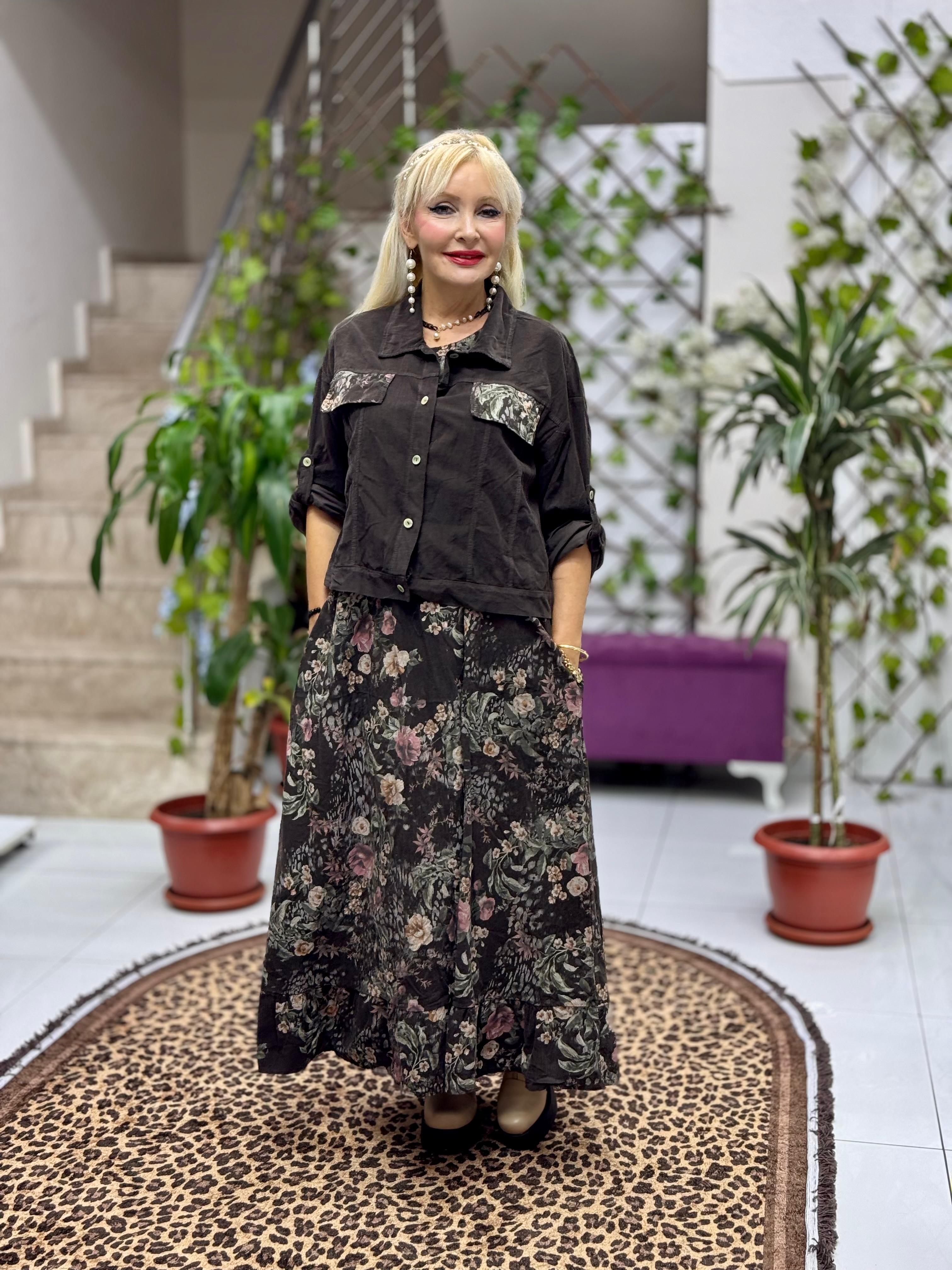 NC25001 İtalyan Kadife Çiçekli Elbise Ceket Takım Koyu Kahverengi