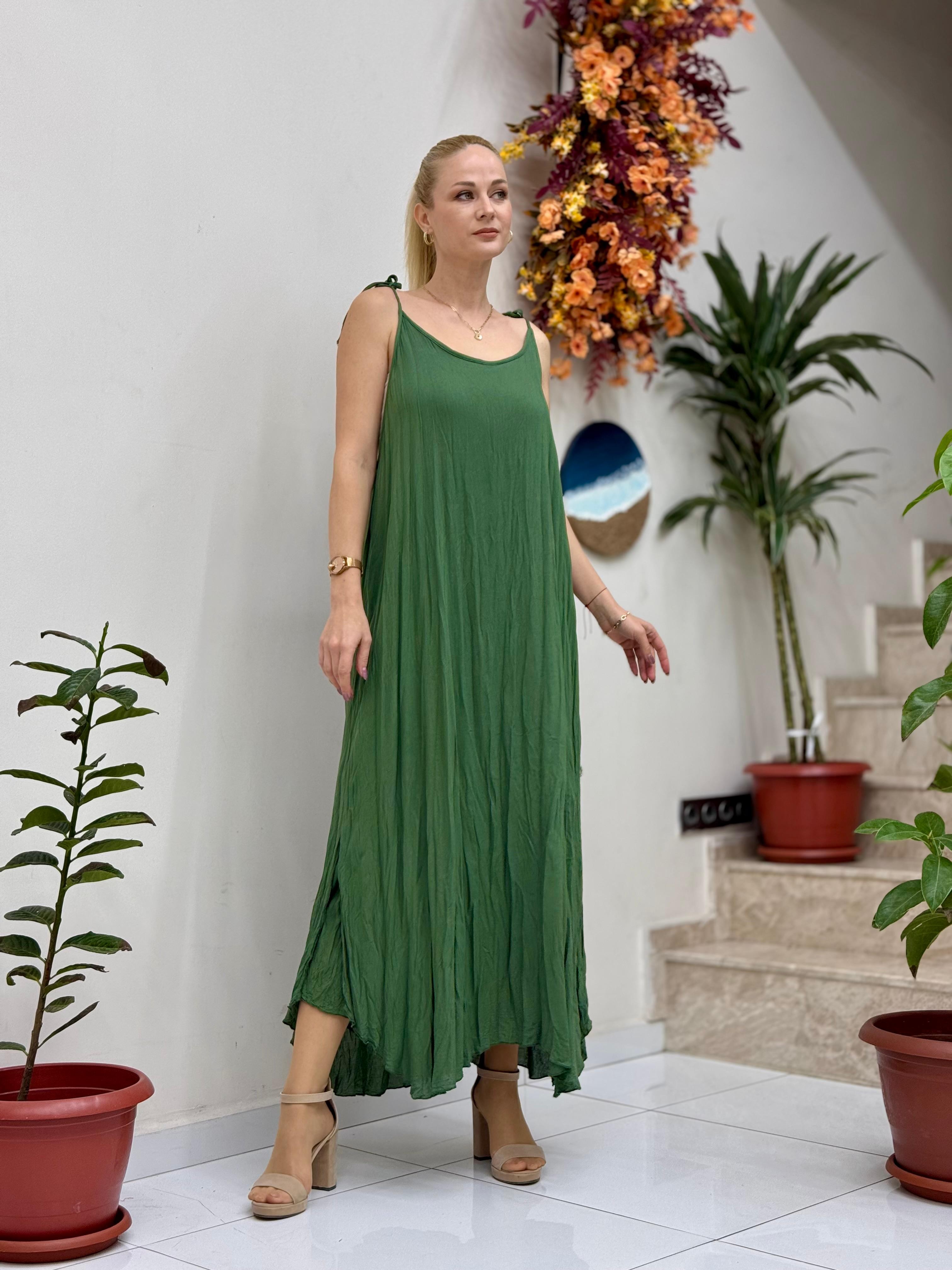 VL11199 Askılı Düz Vual Elbise Haki