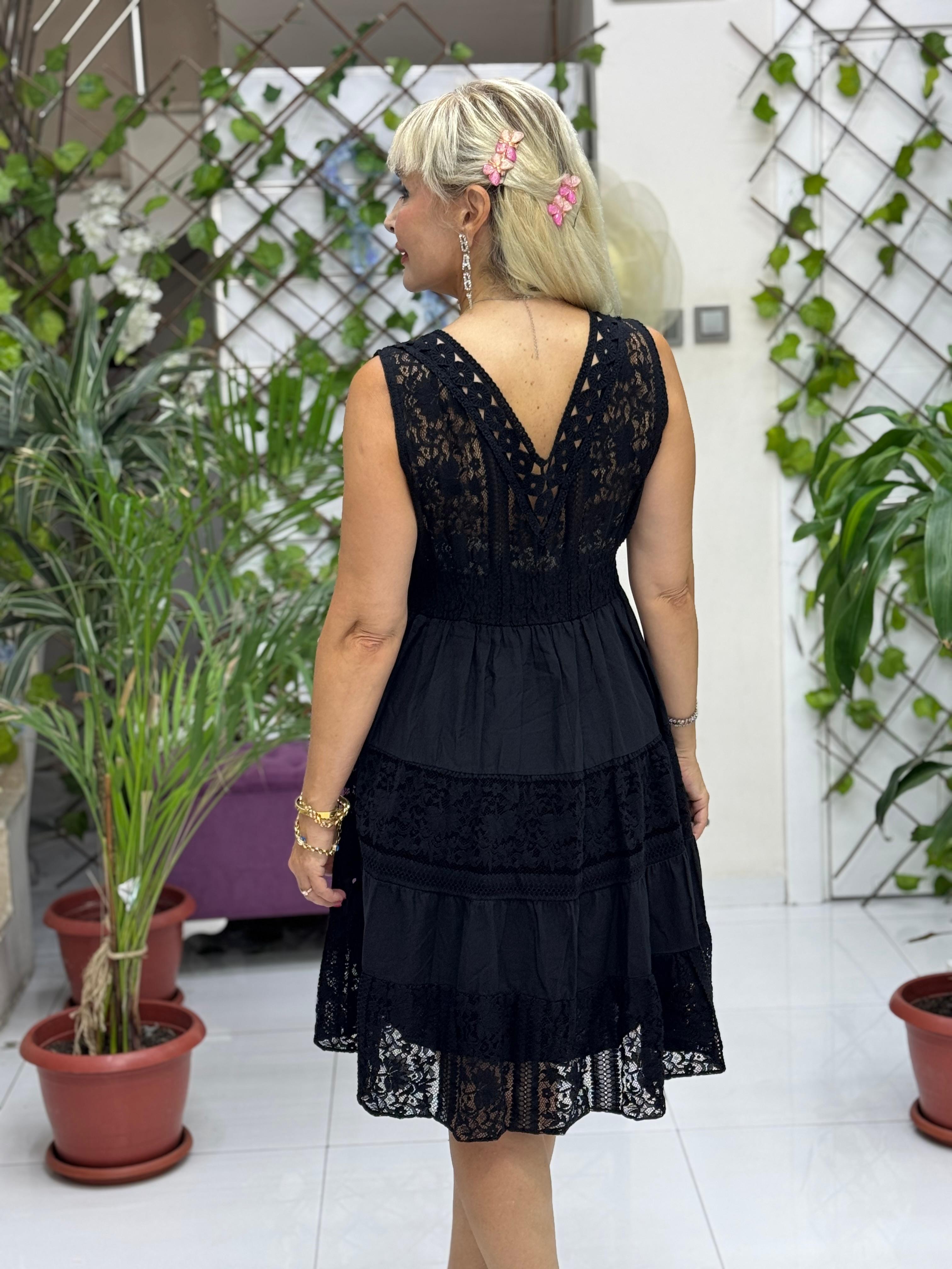 NC10143 İtalyan Askılı Dantelli Coton Elbise Siyah