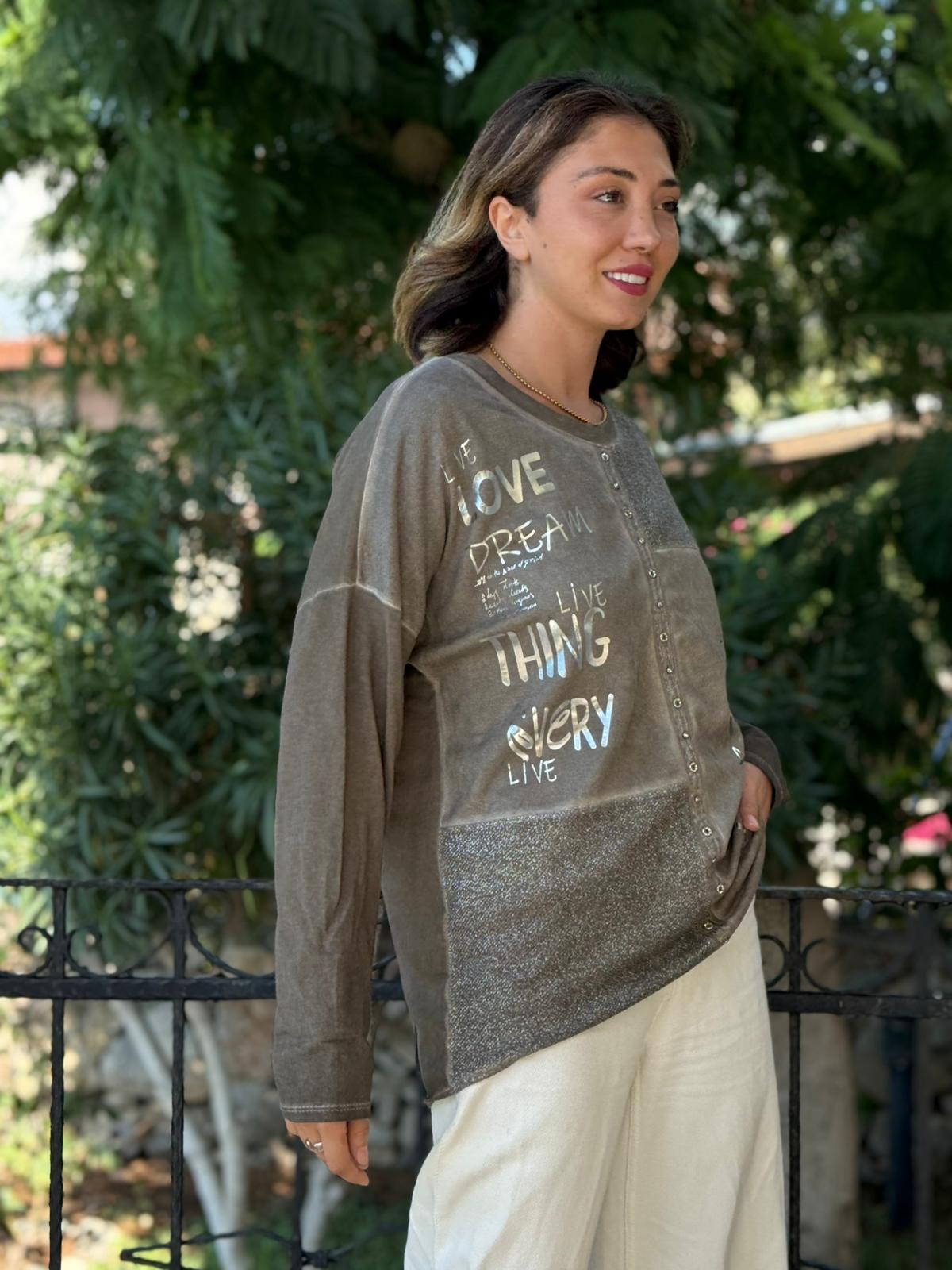 NC53761 İtalyan Yazılı Ve Taşlı Coton Sweatshirt Vizon