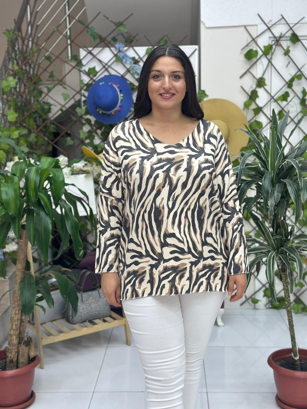 NC22884 Zebra Desenli Triko Bluz Krem
