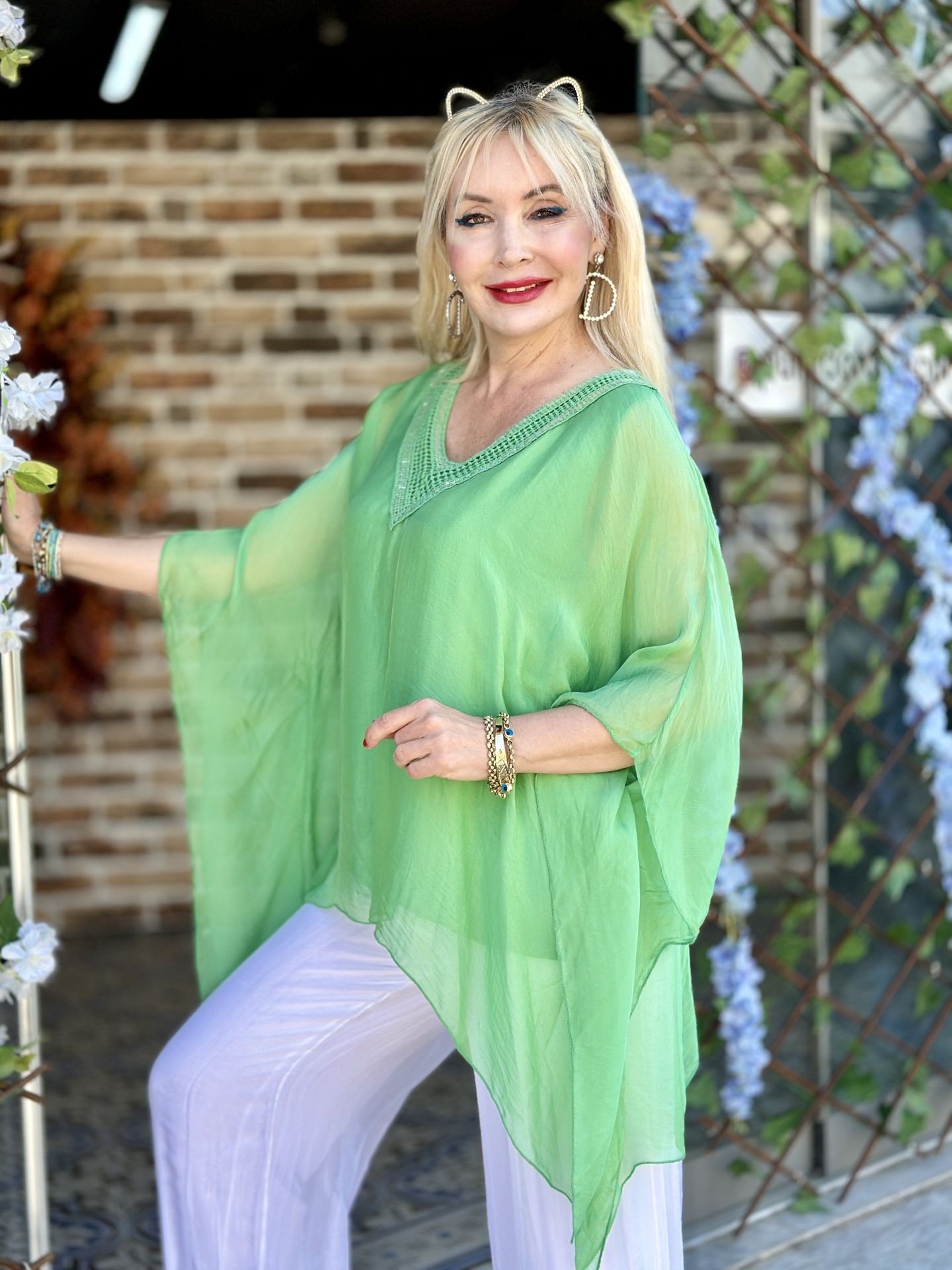 N51176 Conjunto Pantalón Blusa Seda Italiana Verde Blanco