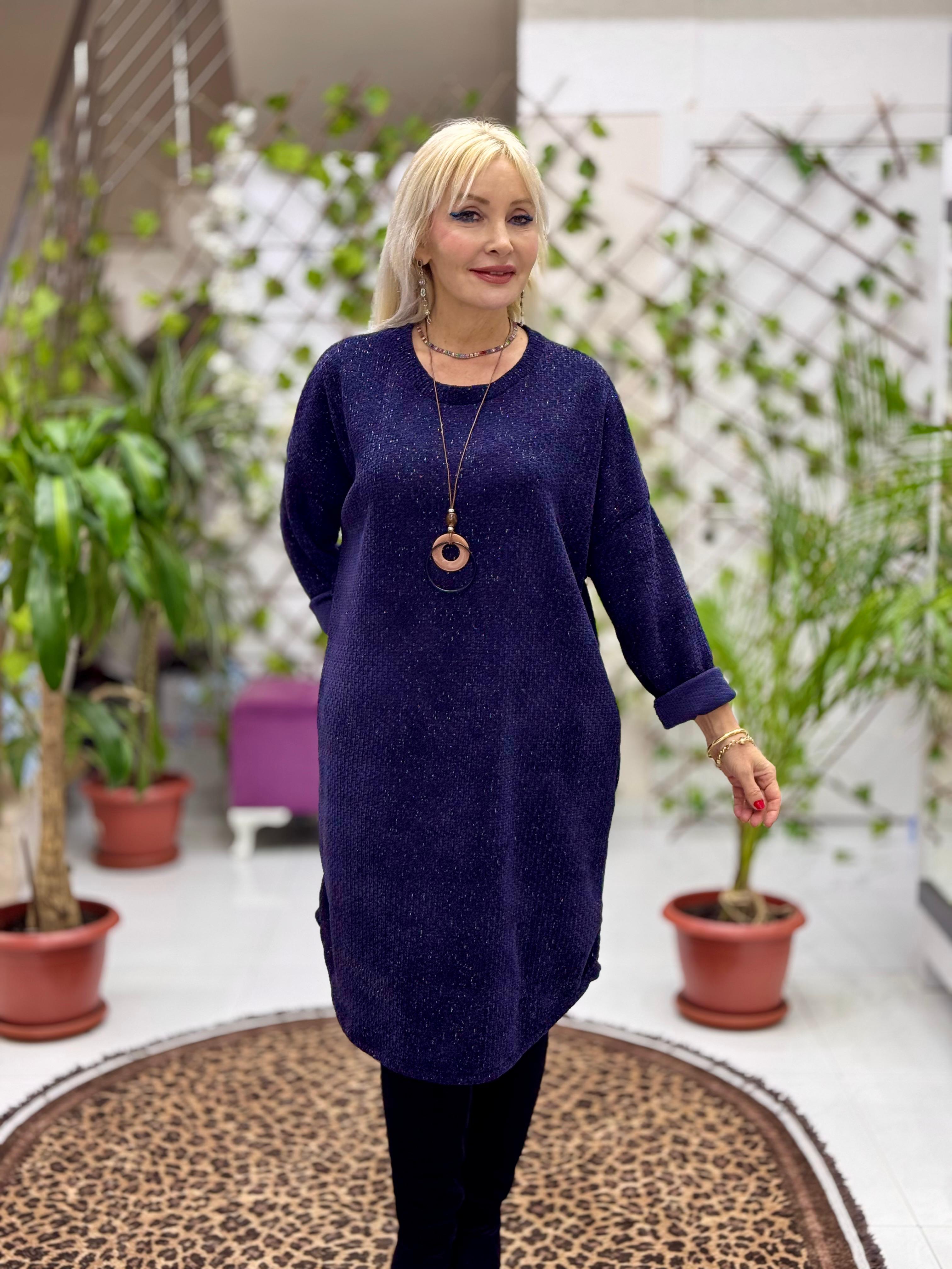 NC25158 Simit Yaka Kolyeli Simli İtalyan Kadife Elbise Lacivert