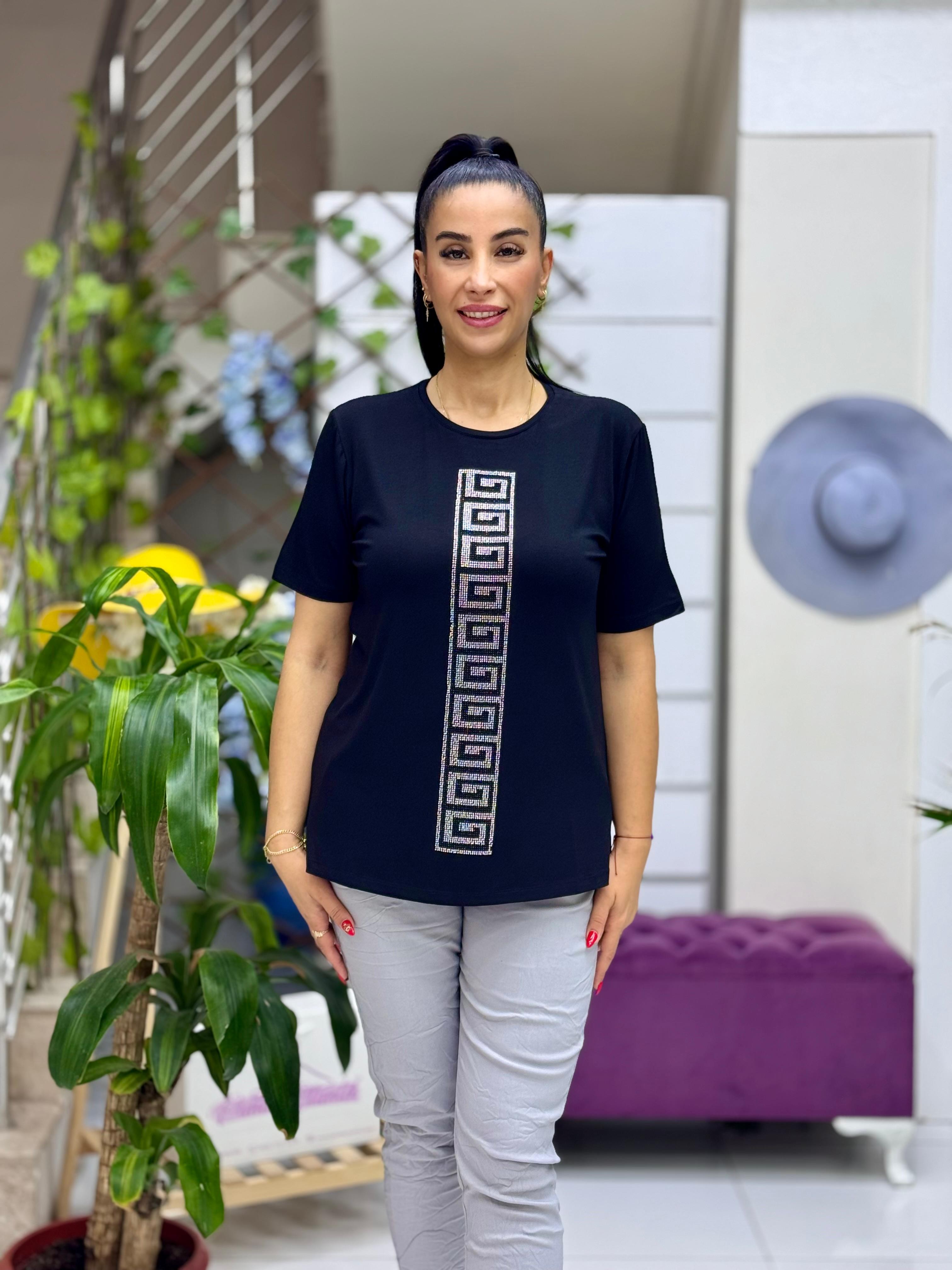 MS4222 Şerit Desenli  Penye Bluz Siyah