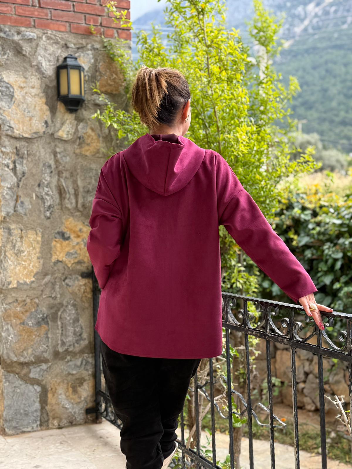 YG12477 Kapişonlu Süet İtalyan Ceket Vişne