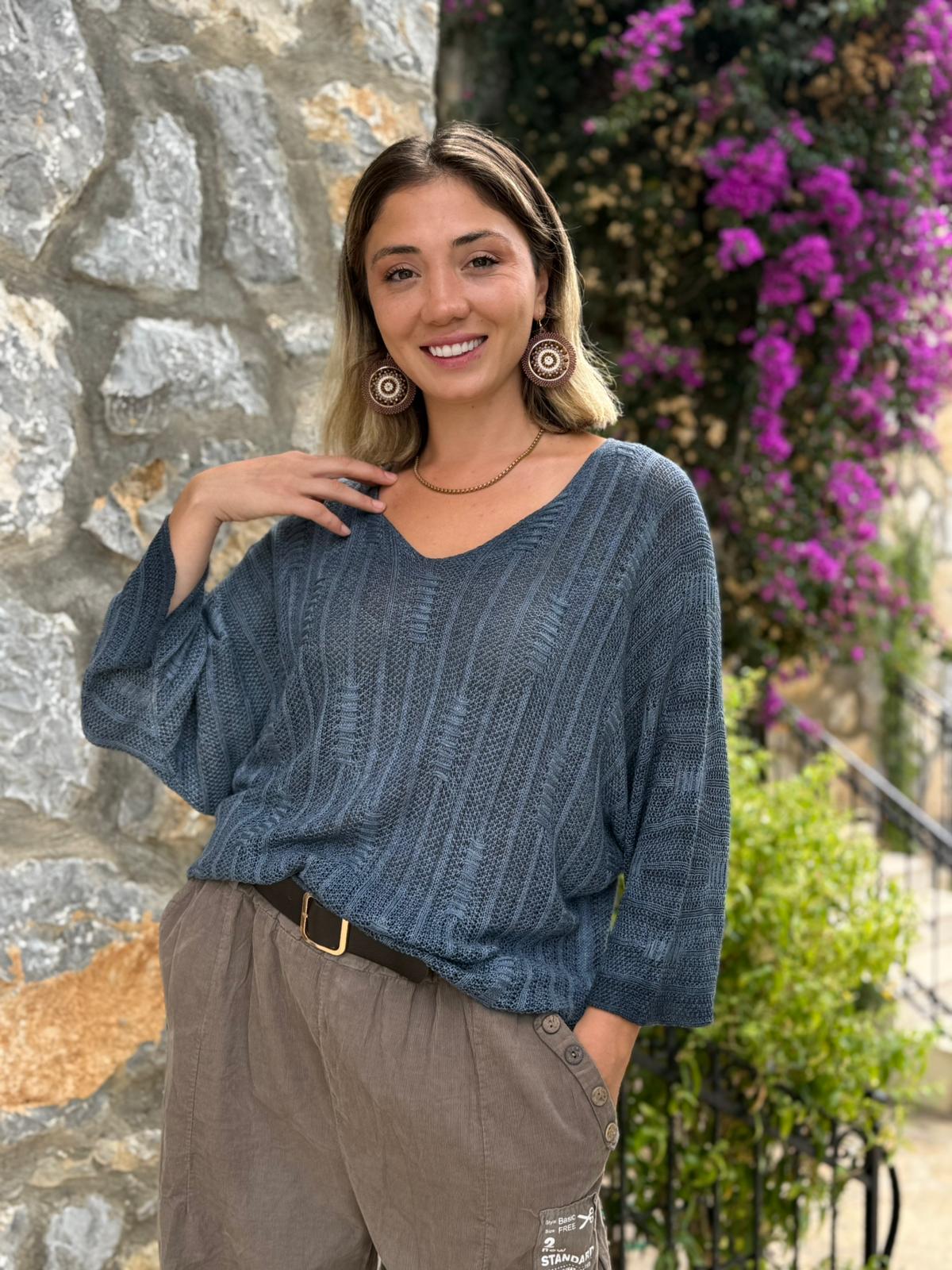 LS8713 İtalyan Çizgi Desenli Triko Bluz Marin
