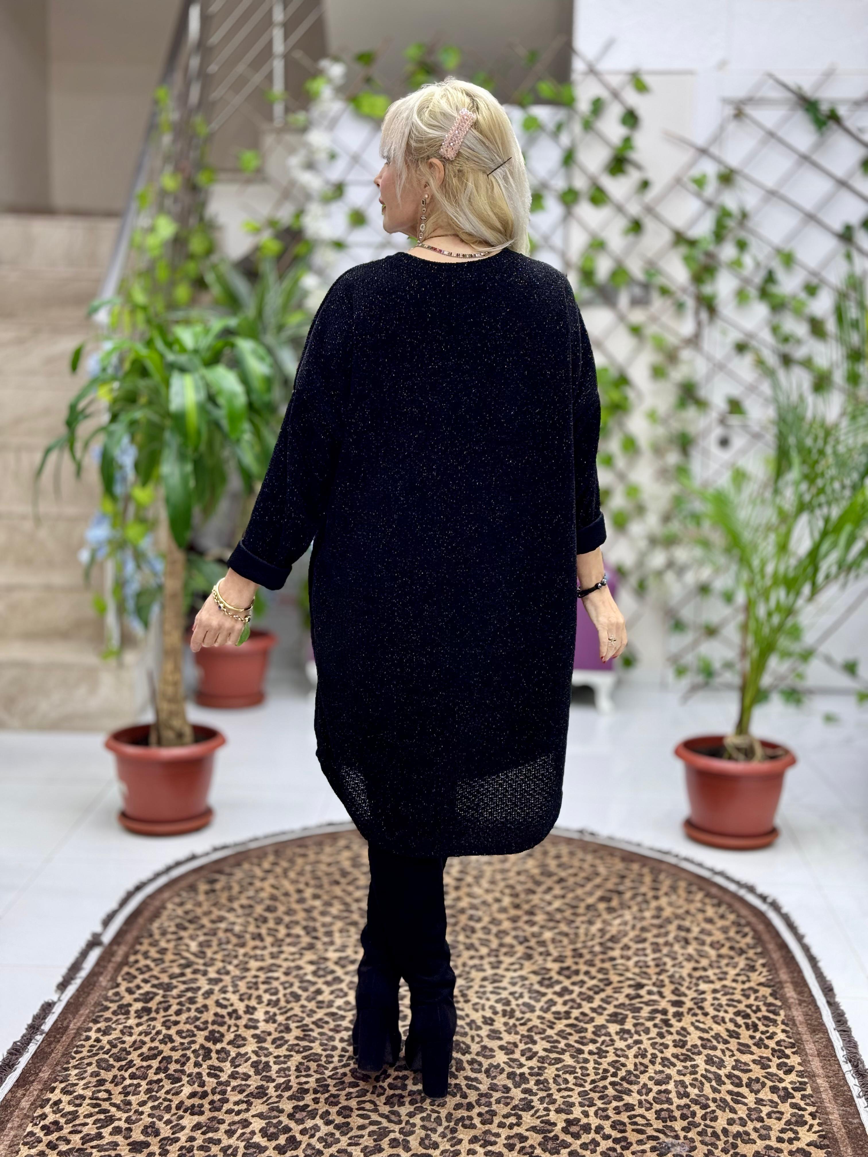 NC25158 Simit Yaka Kolyeli Simli İtalyan Kadife Elbise Siyah