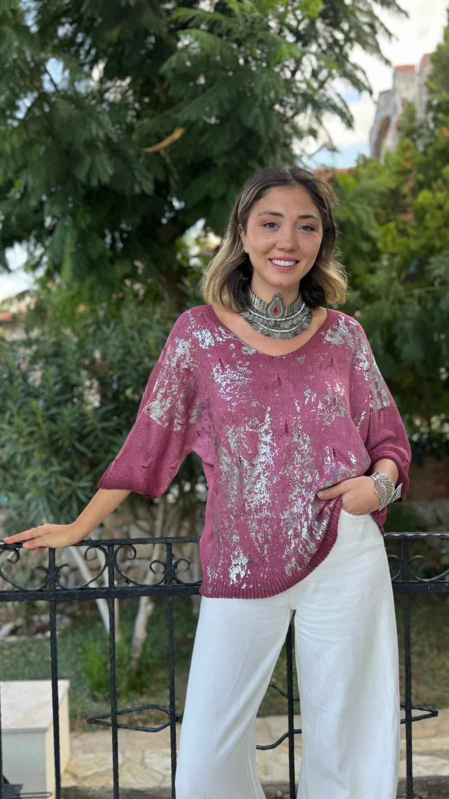 NC6016 İtalyan Fakir Kol Baskılı İnce Triko Bluz Gülkurusu