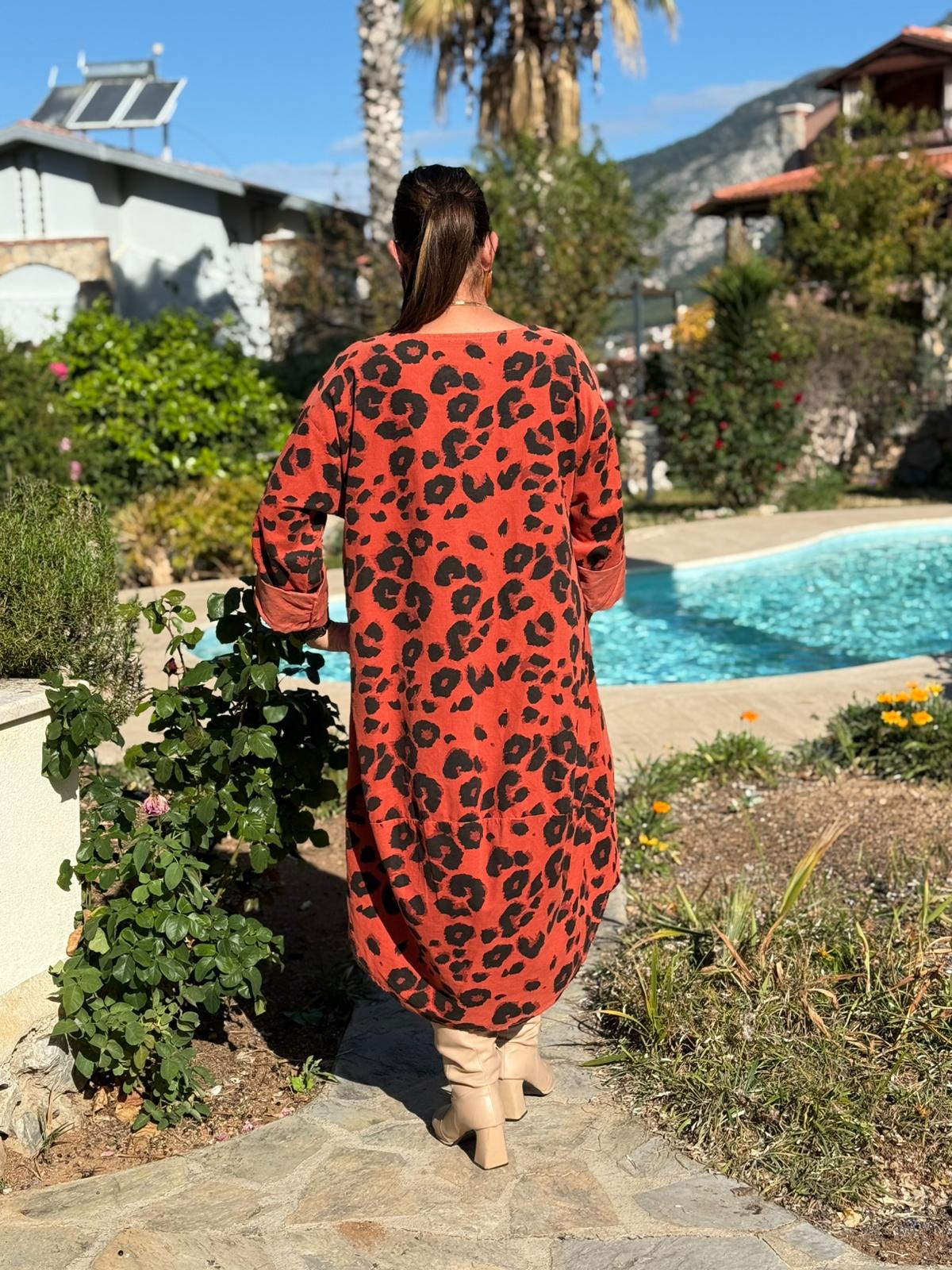 YG12231 Leopar Desenli İtalyan Kadife Elbise Kiremit