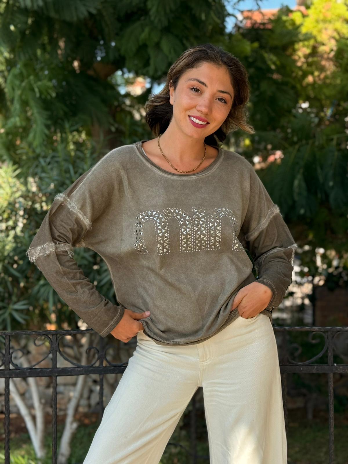 NC53659C İtalyan MIN Taşlı Coton Sweatshirt Vizon