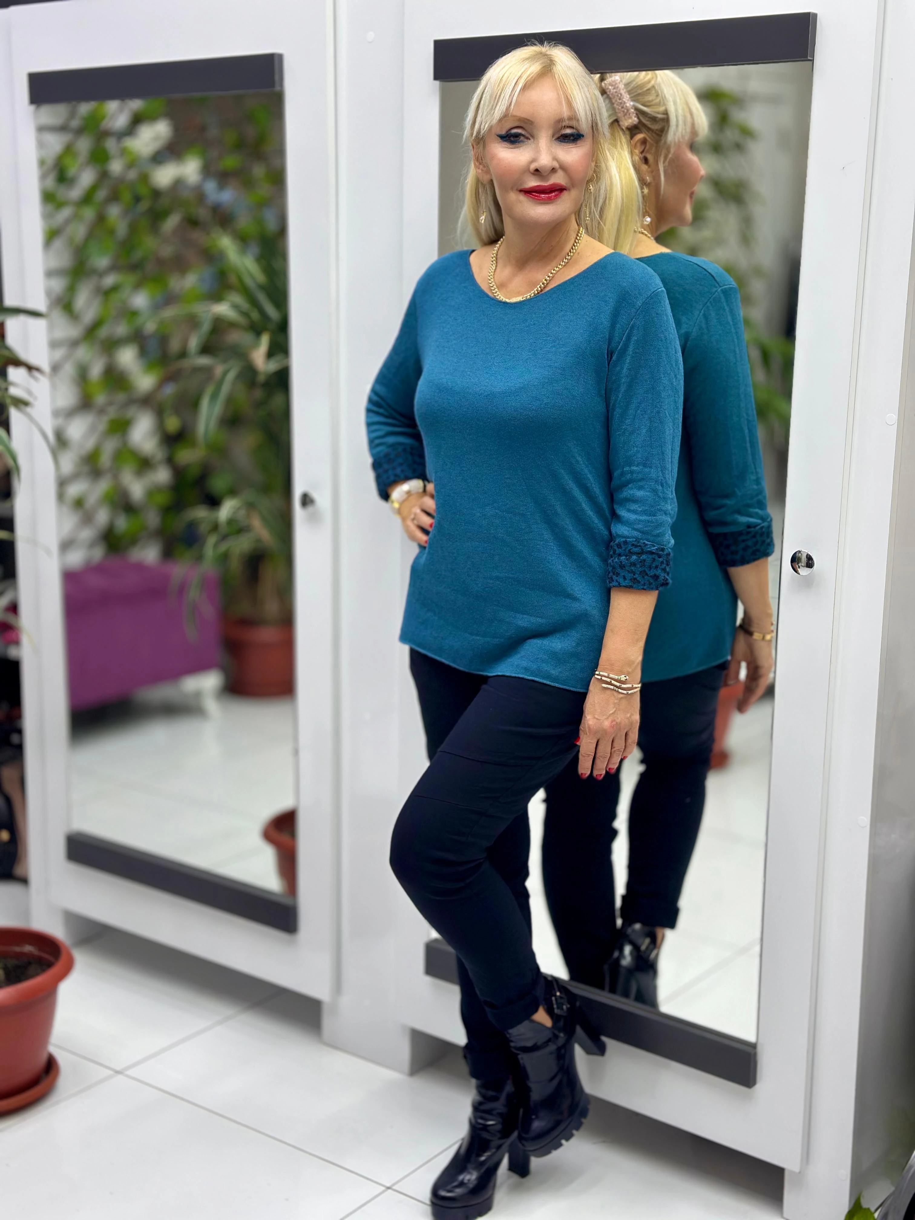 NC1202 İçi Leoparlı Yuvarlak Yaka Triko Küçük Beden Bluz Petrol