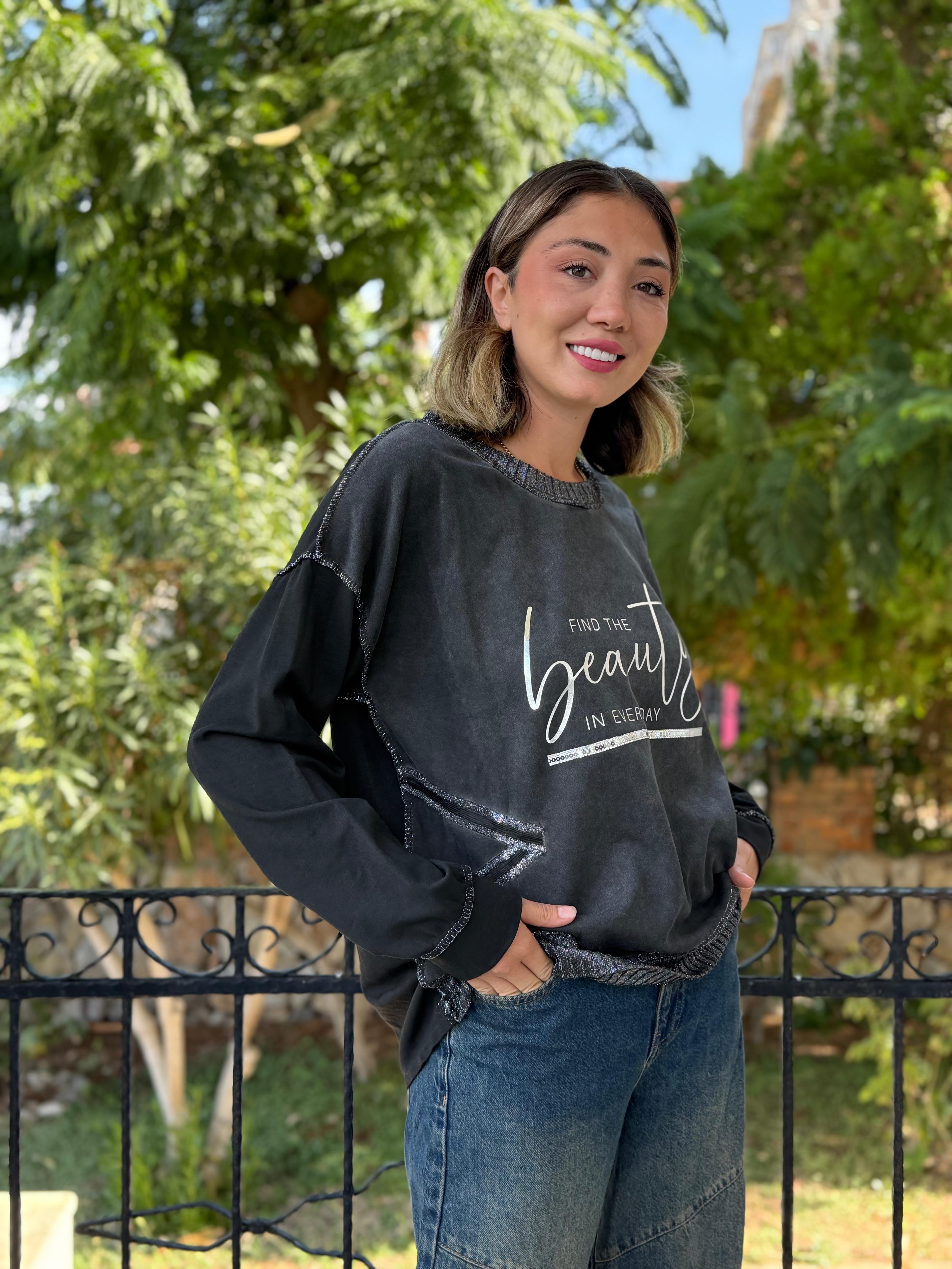 NC50793 İtalyan Beauty Yazılı Coton Sweatshirt Füme