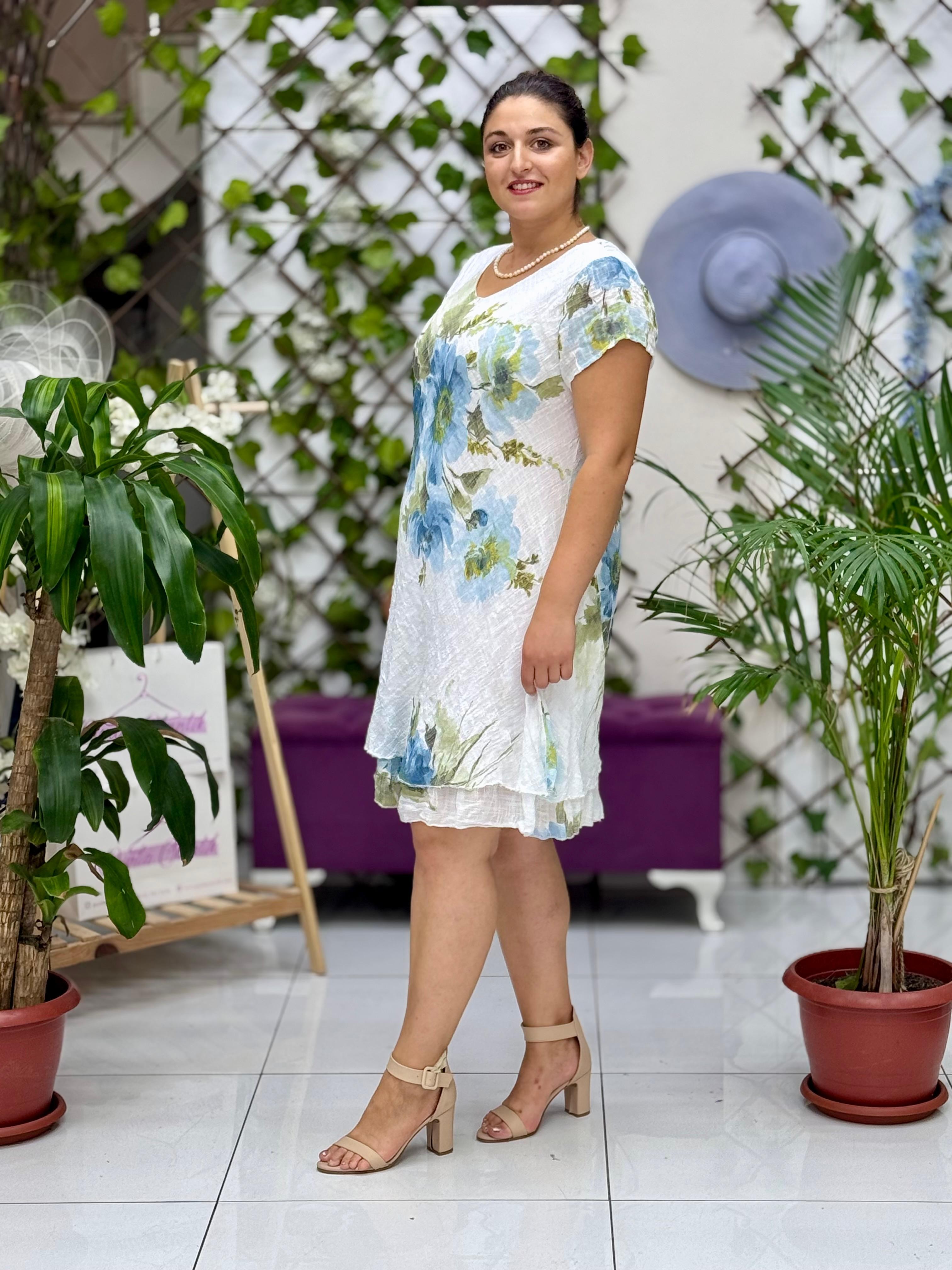 N5012-26 Vestido Italiano De Lino De Algodón Manga Corta Blanco