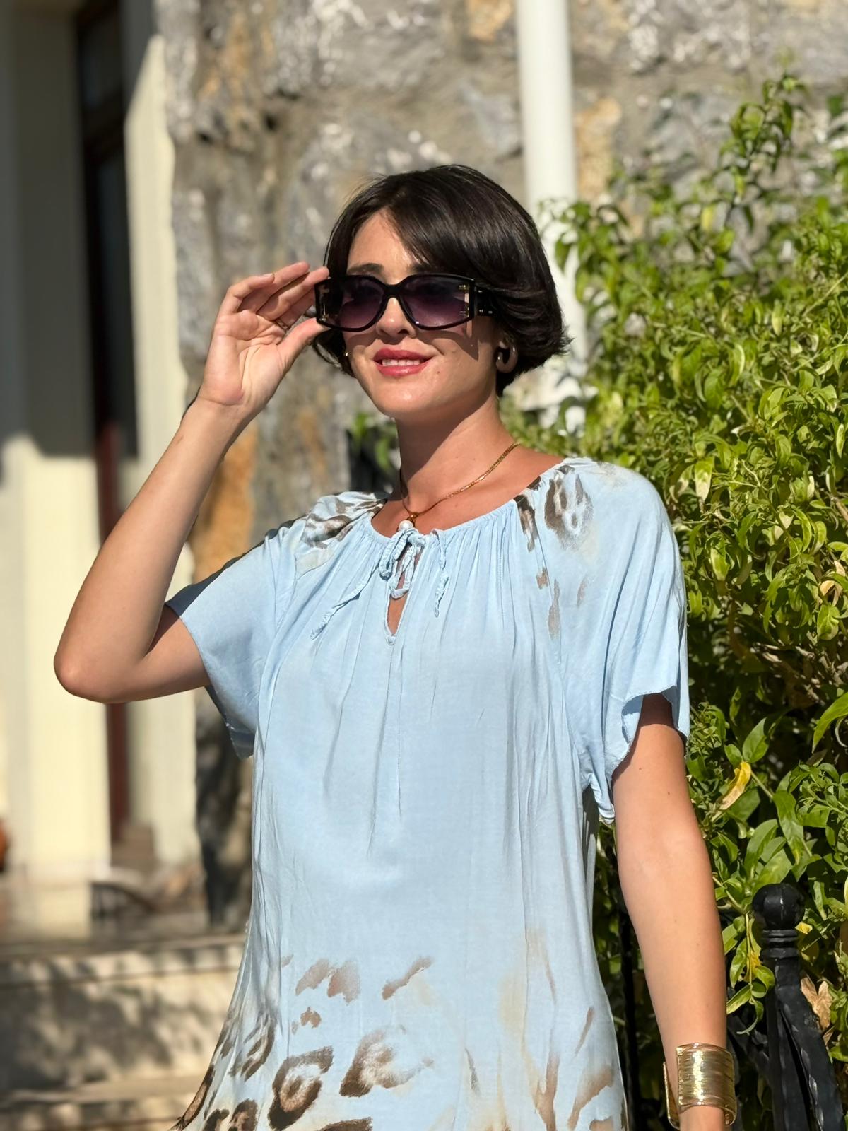 NC10526 İtalyan Yaka Lastikli Leoparlı Coton Elbise Bebe Mavi