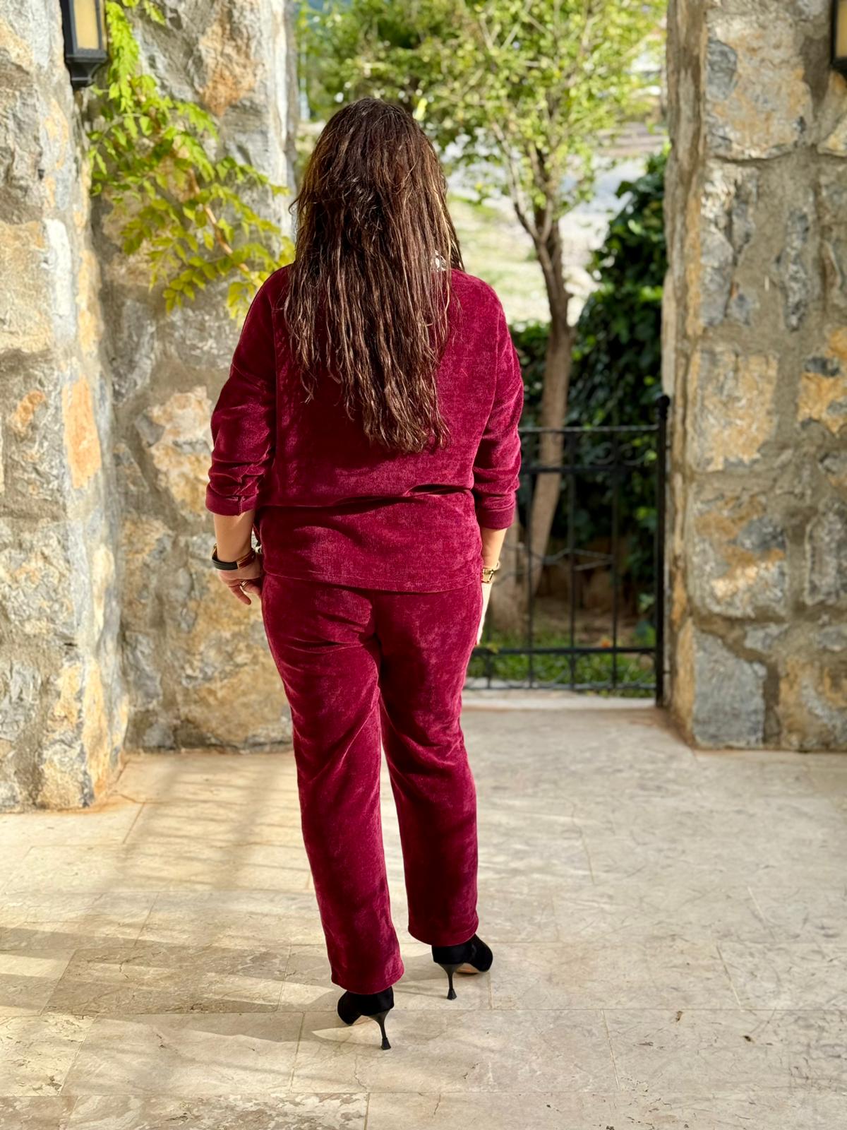 PT10476 İtalyan Leopar Detay Kadife Takım Bordo