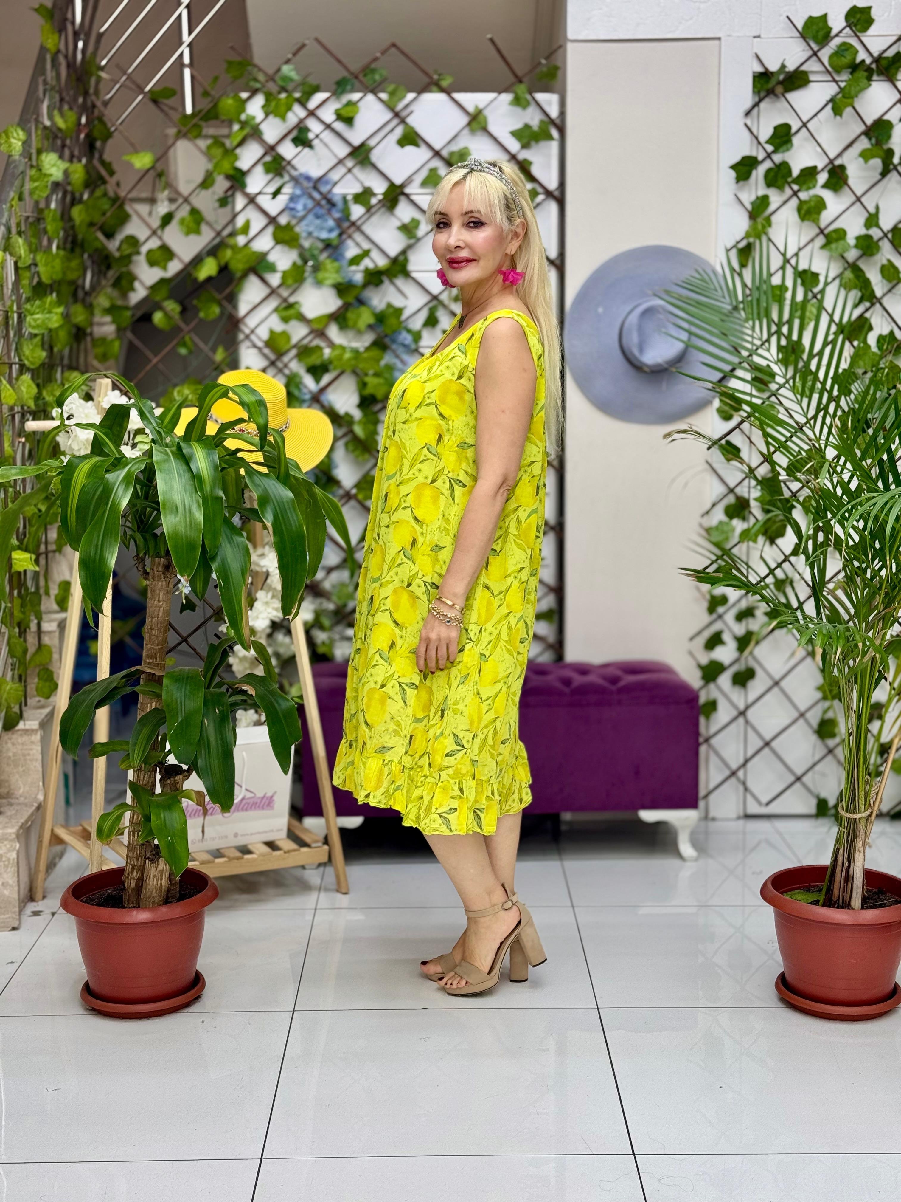 YG205030 İtalyan Coton Limon Desen Elbise Fıstık