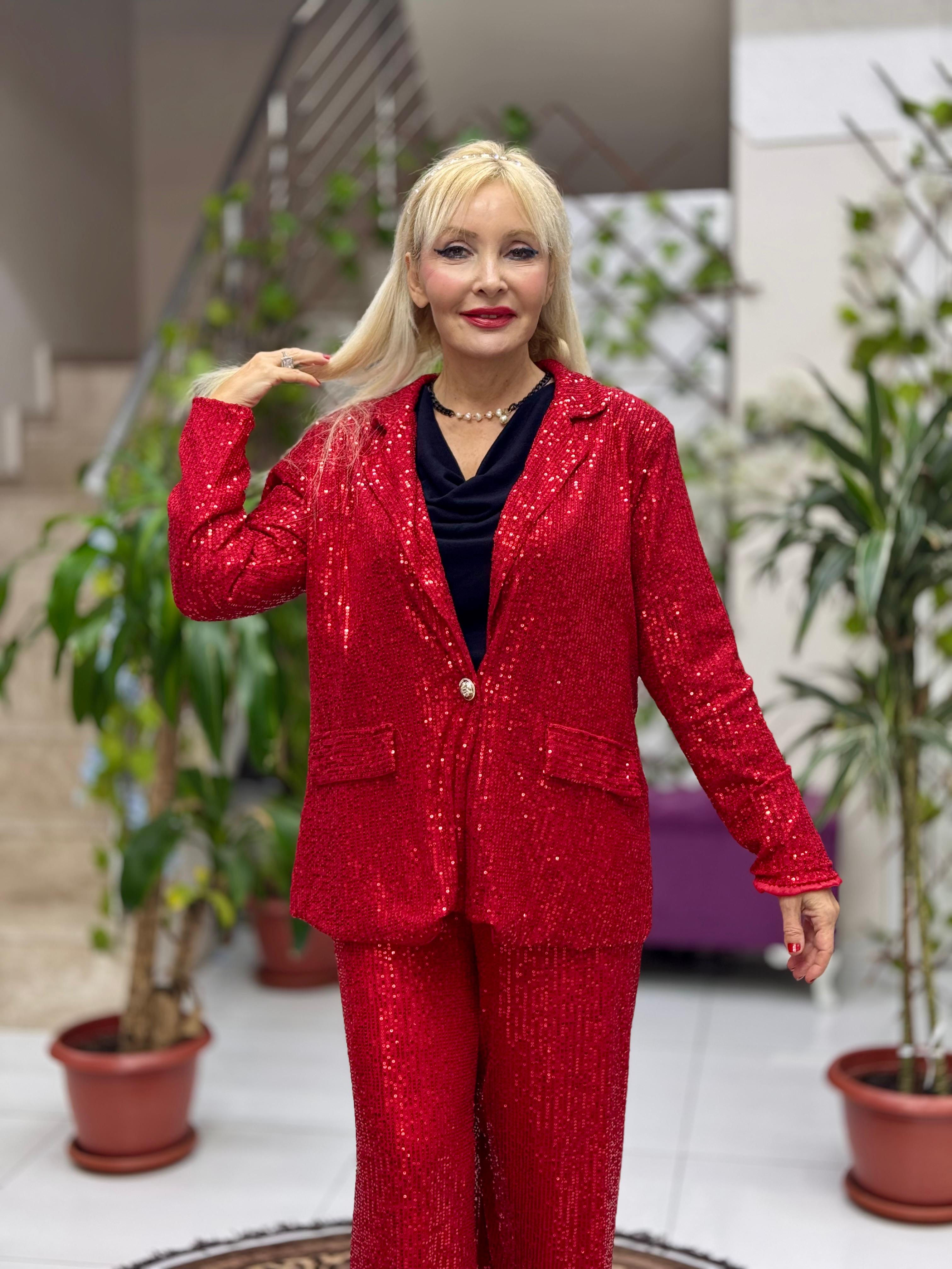 YG2013 İtalyan Pul Payetli Tek Düğme Takım Kırmızı