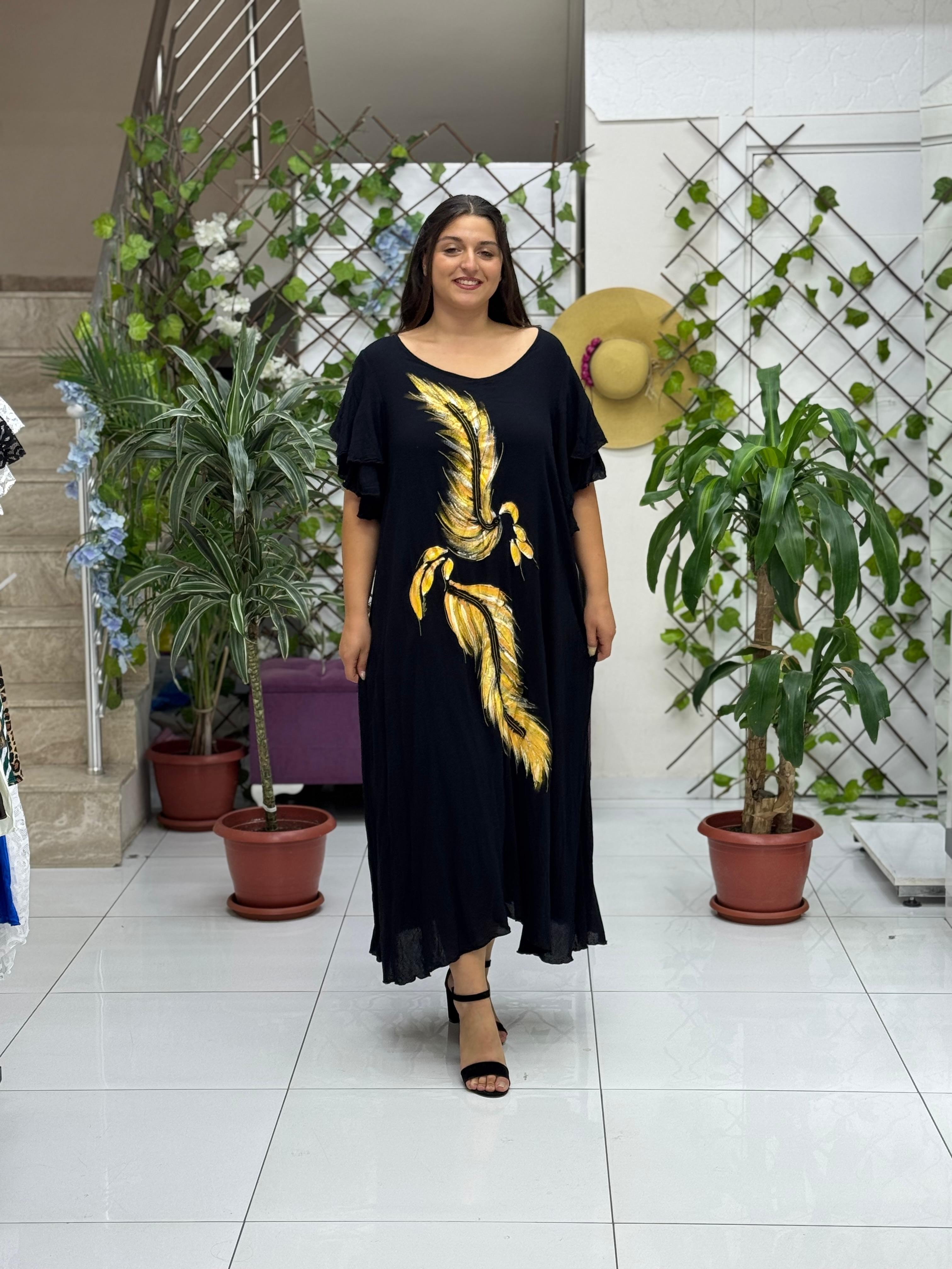 VL9636 Tüy Baskılı Yarım Kol Vual Elbise Siyah