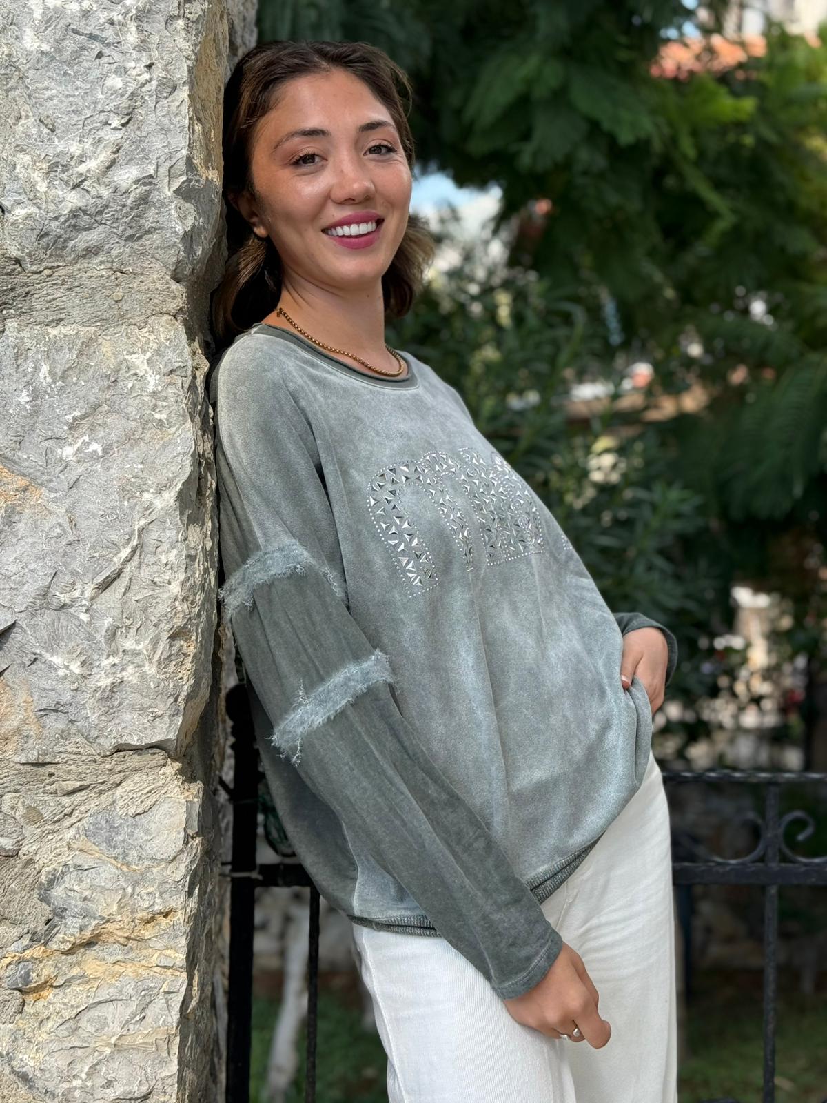 NC53659C İtalyan MIN Taşlı Coton Sweatshirt Haki
