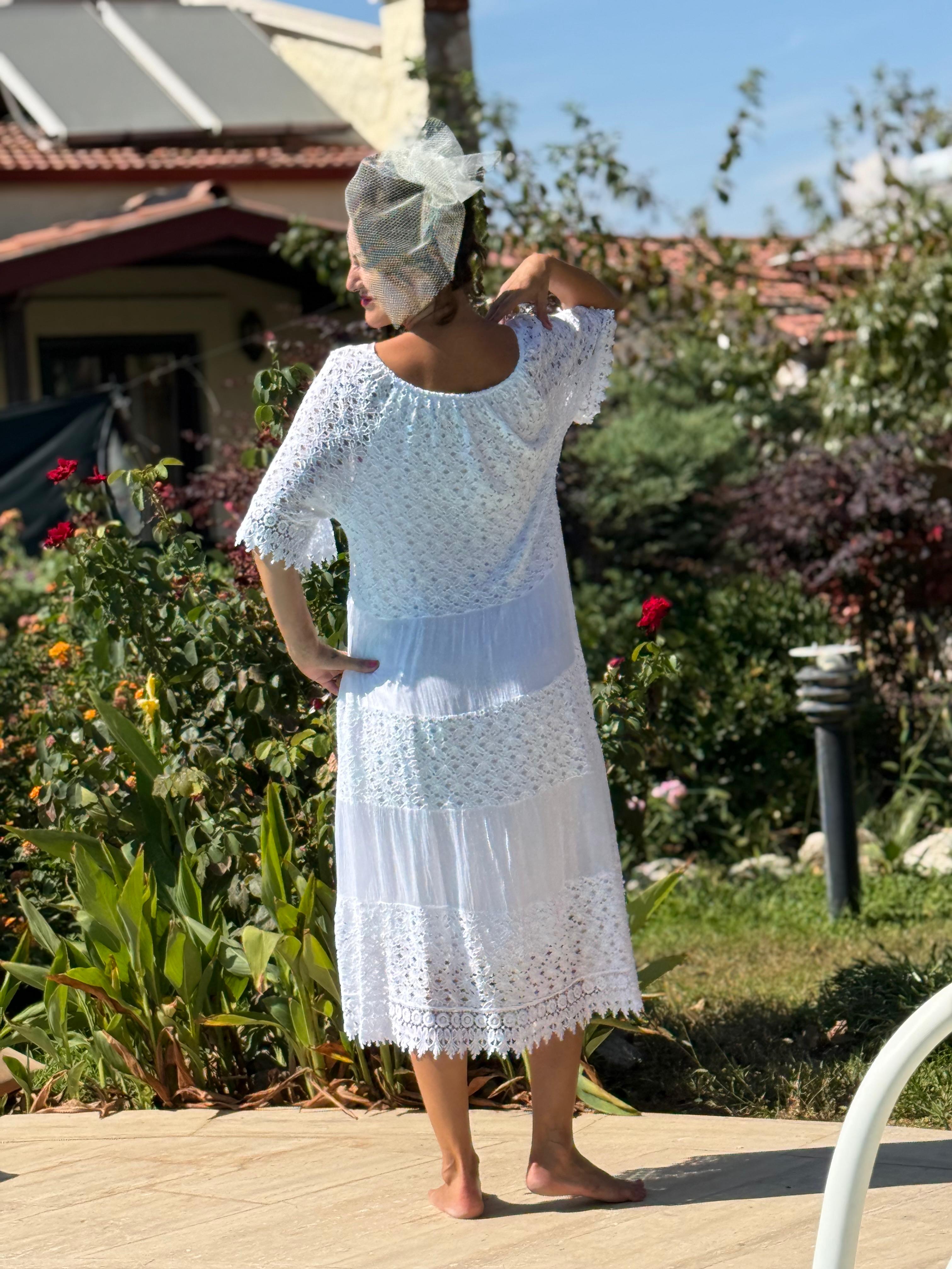 NC10938 İtalyan Pul Payetli Yarım Kol Midi İpek Elbise Beyaz