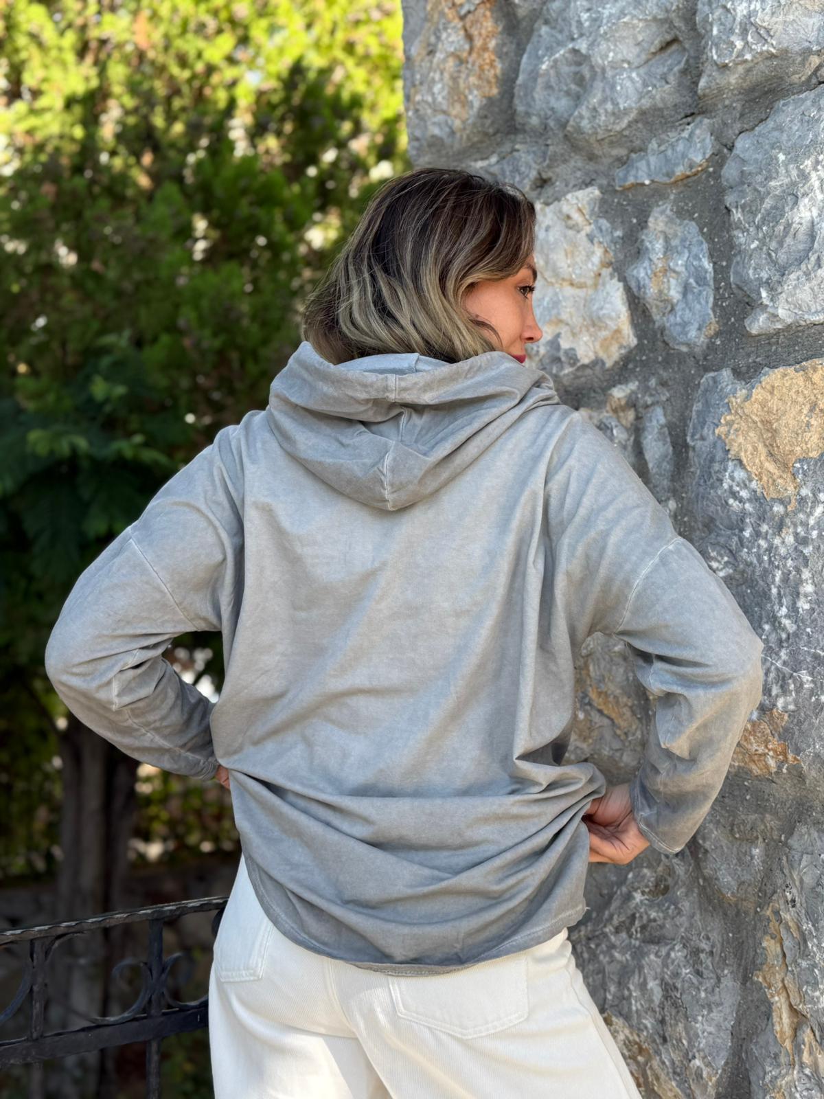 NC56152 İtalyan Leopar Baskılı Kapüşonlu Sweatshirt Gri