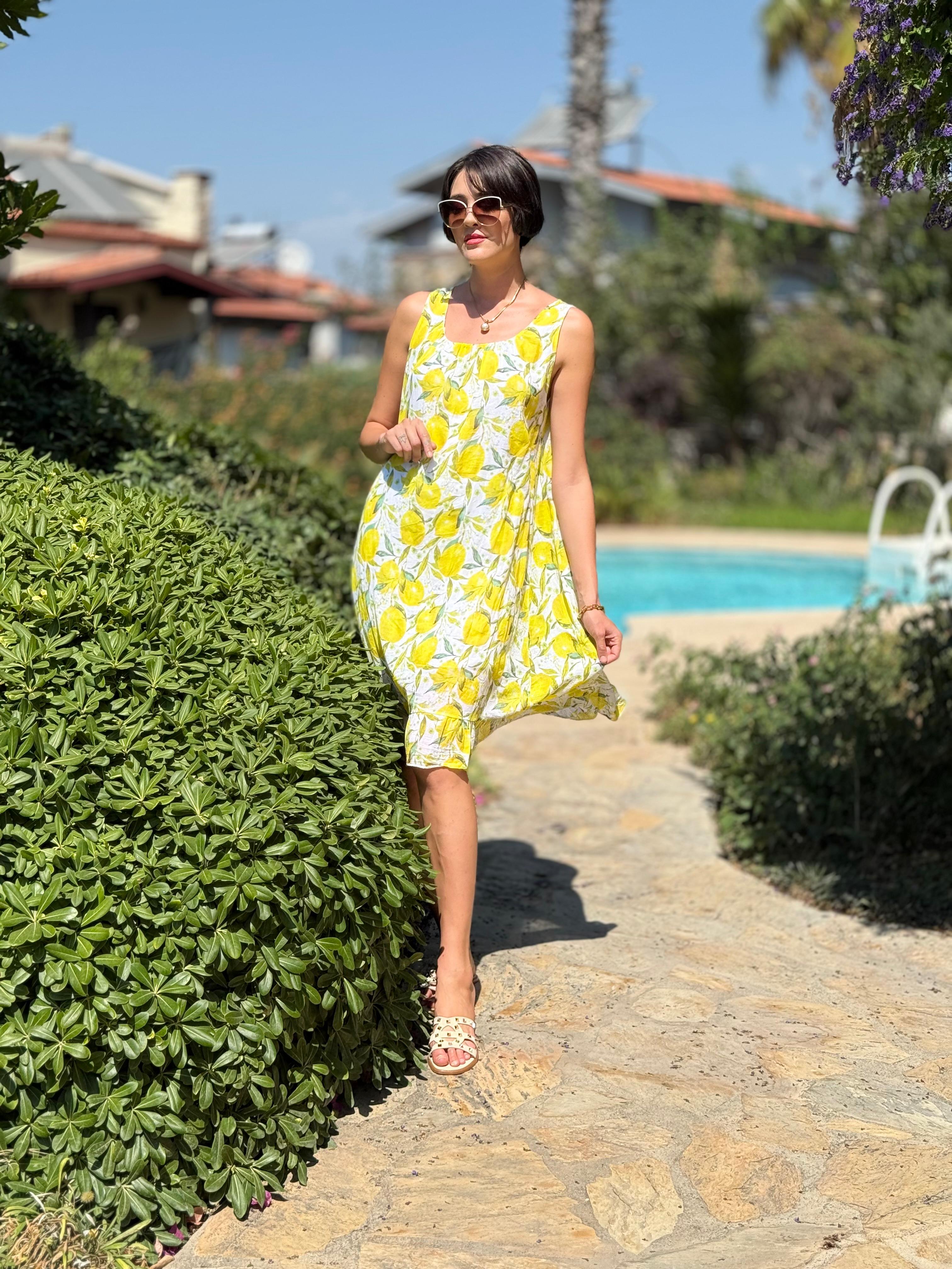 YG205030 İtalyan Coton  Limon Desen Elbise Beyaz