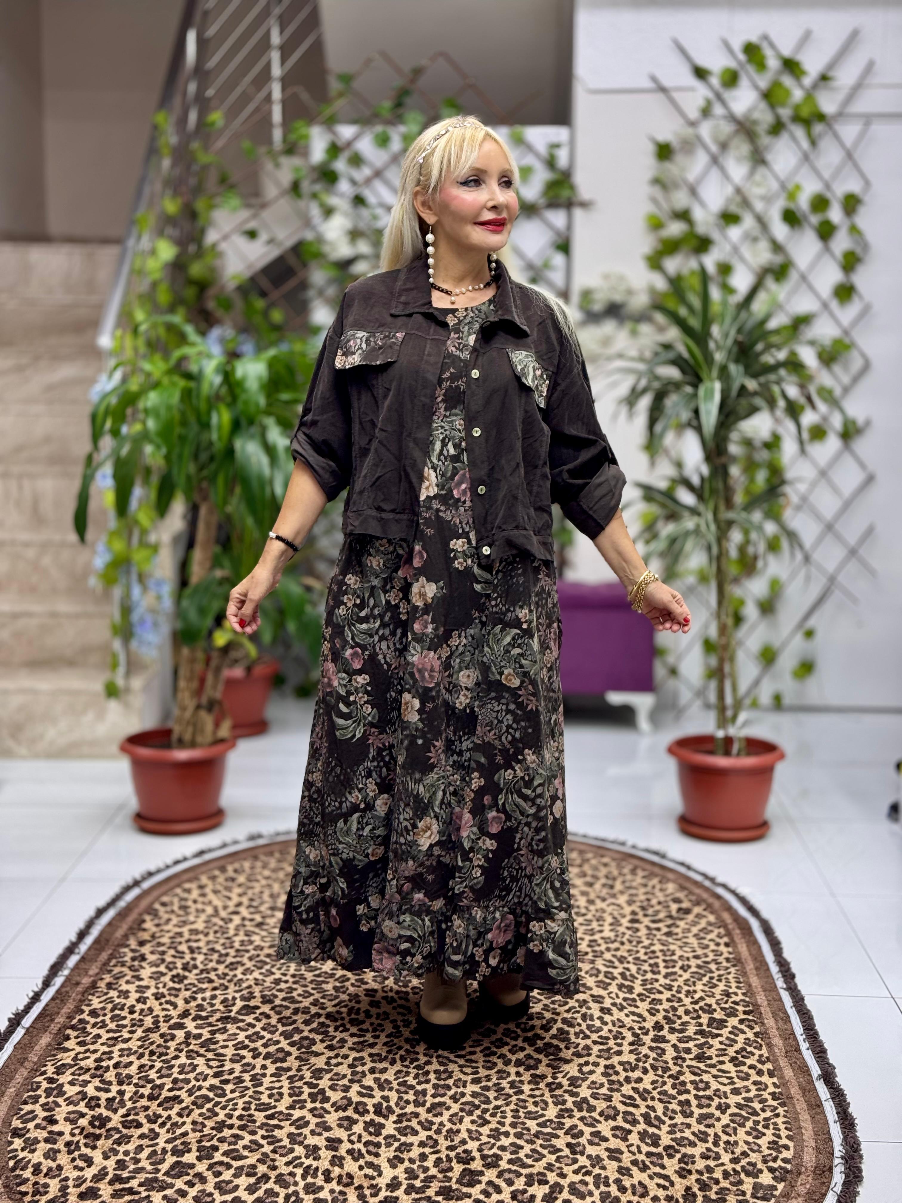 NC25001 İtalyan Kadife Çiçekli Elbise Ceket Takım Koyu Kahverengi