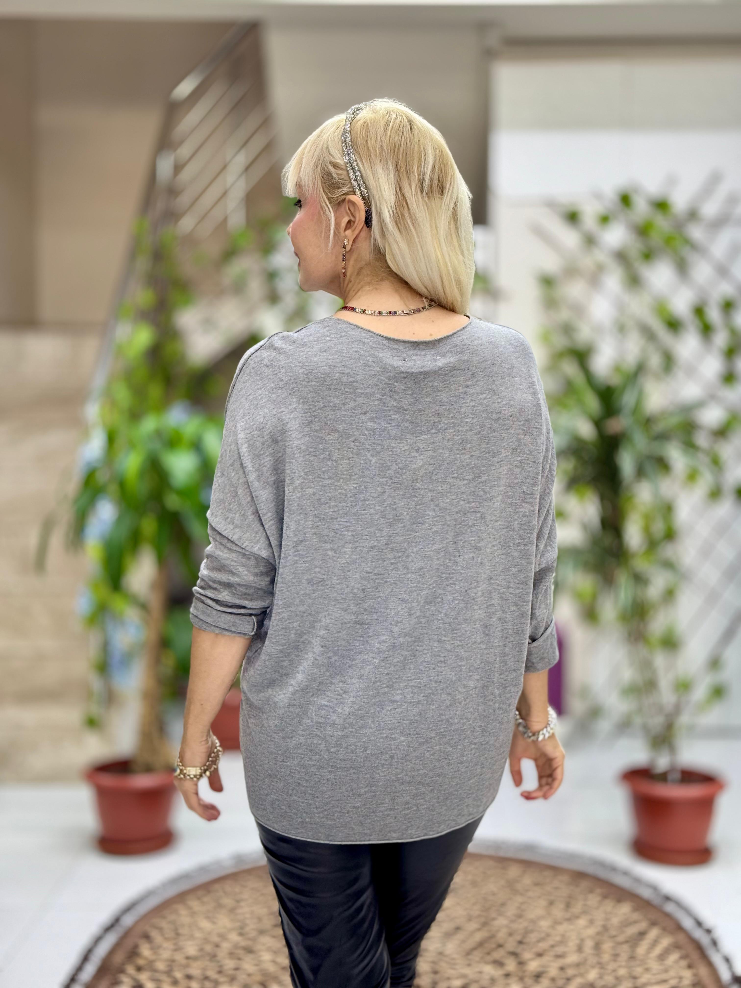 YG59100 İtalyan Taşlı ve Kelebek Baskılı Triko Bluz Gri