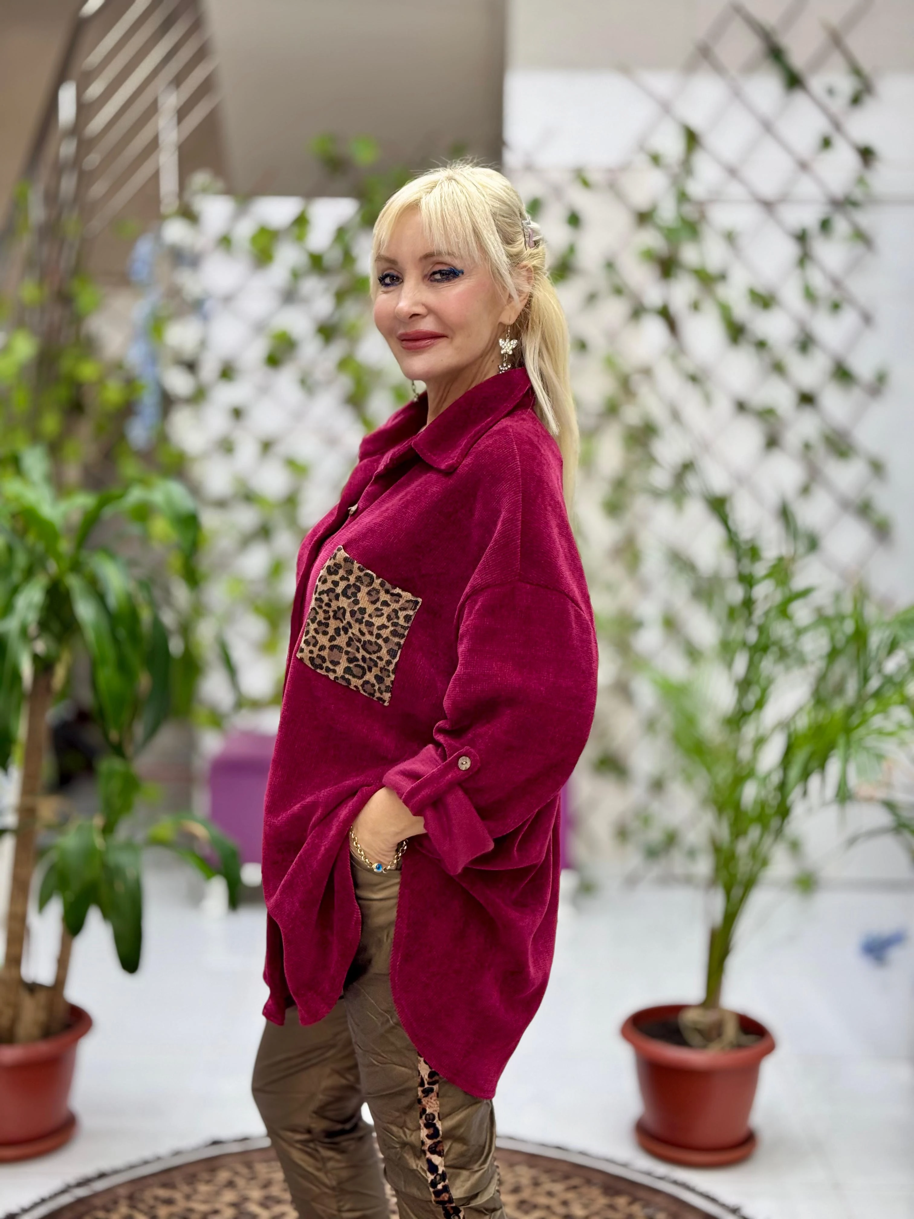 NC25198 Cep Leopar Detaylı Kadife Gömlek Bordo