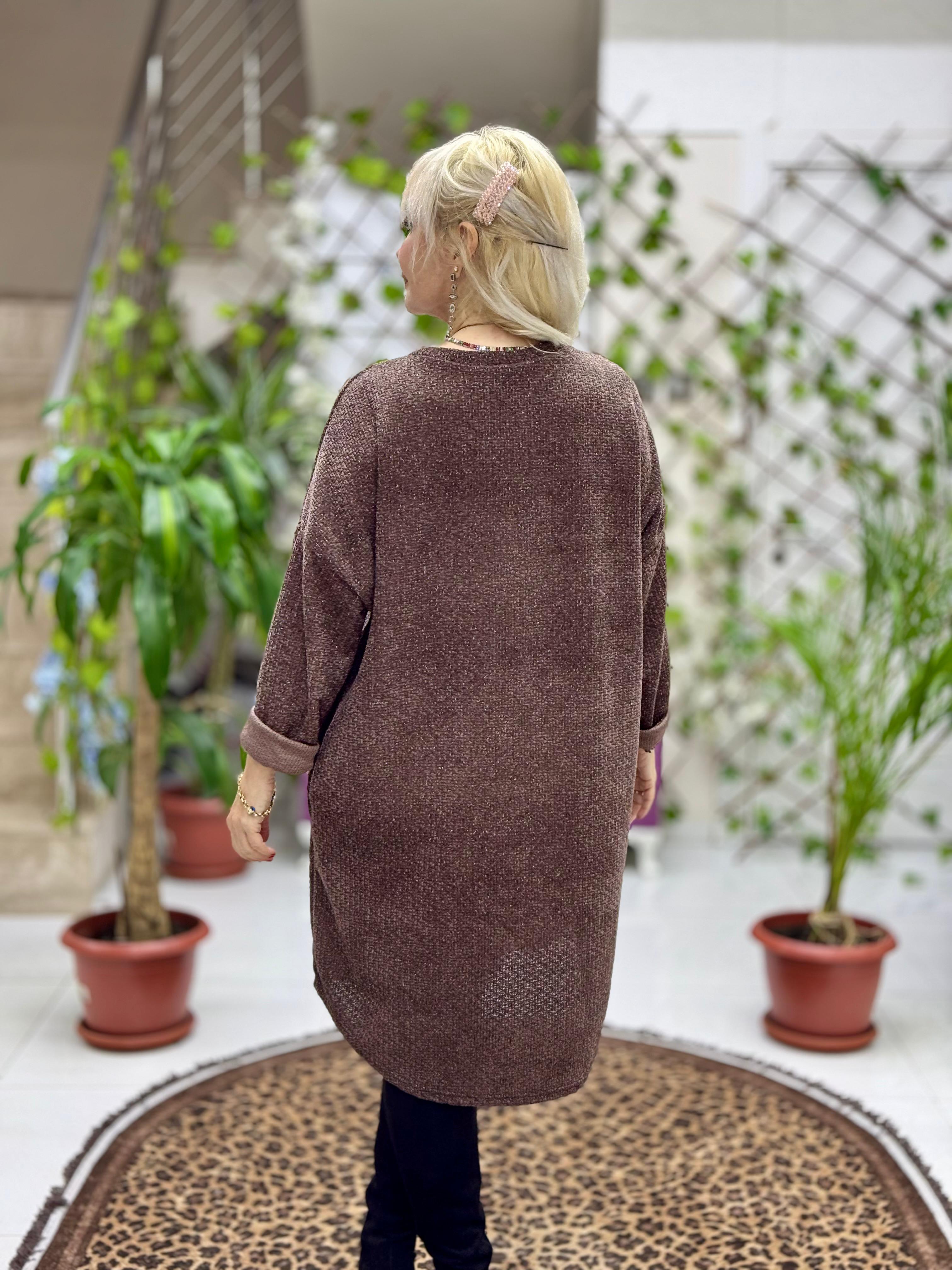 NC25158 Simit Yaka Kolyeli Simli İtalyan Kadife Elbise Kahve