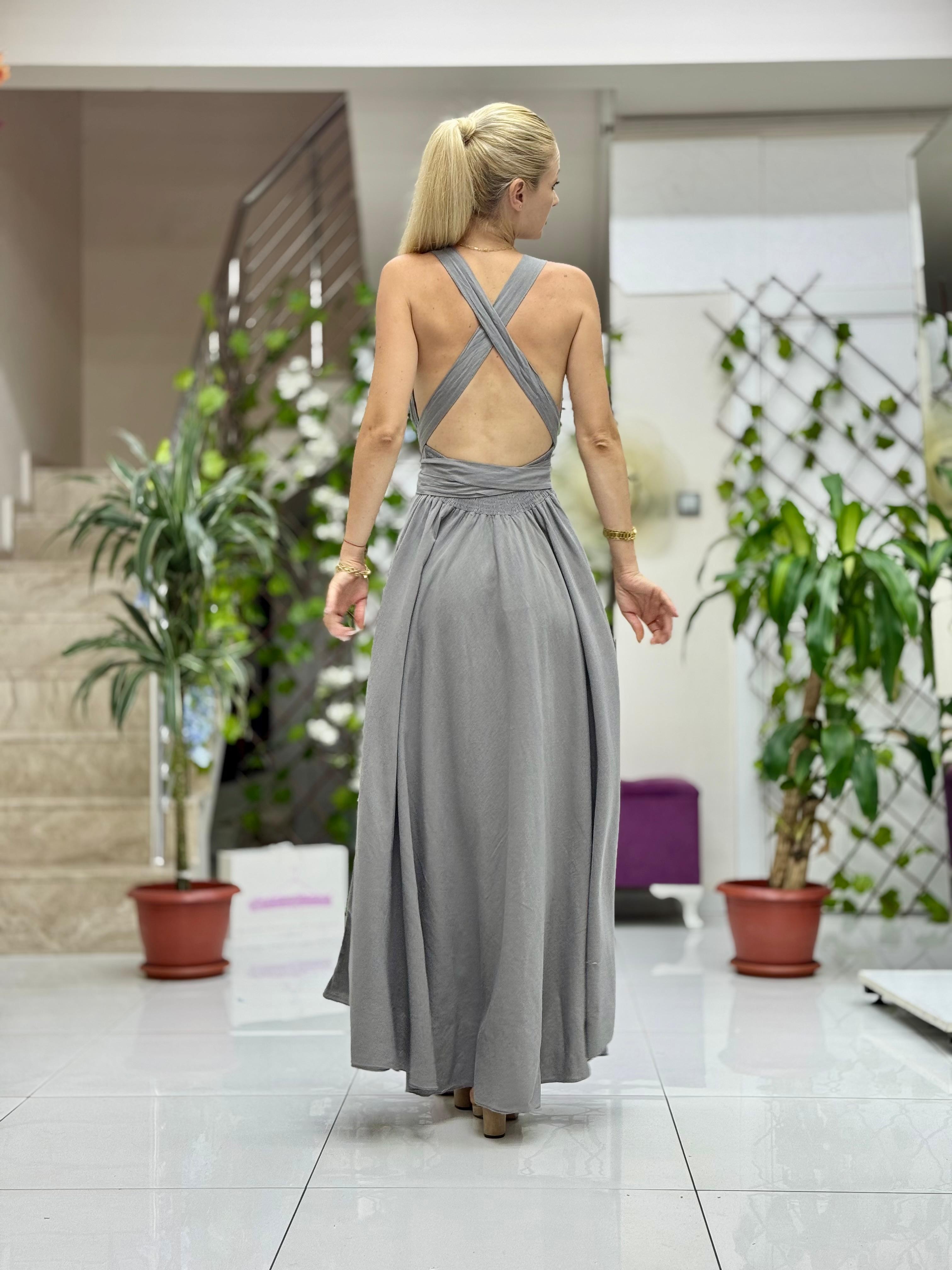 PT25071 Omuz Bağlamalı Belden Kuşaklı Sırtı Açık Coton Elbise Gri
