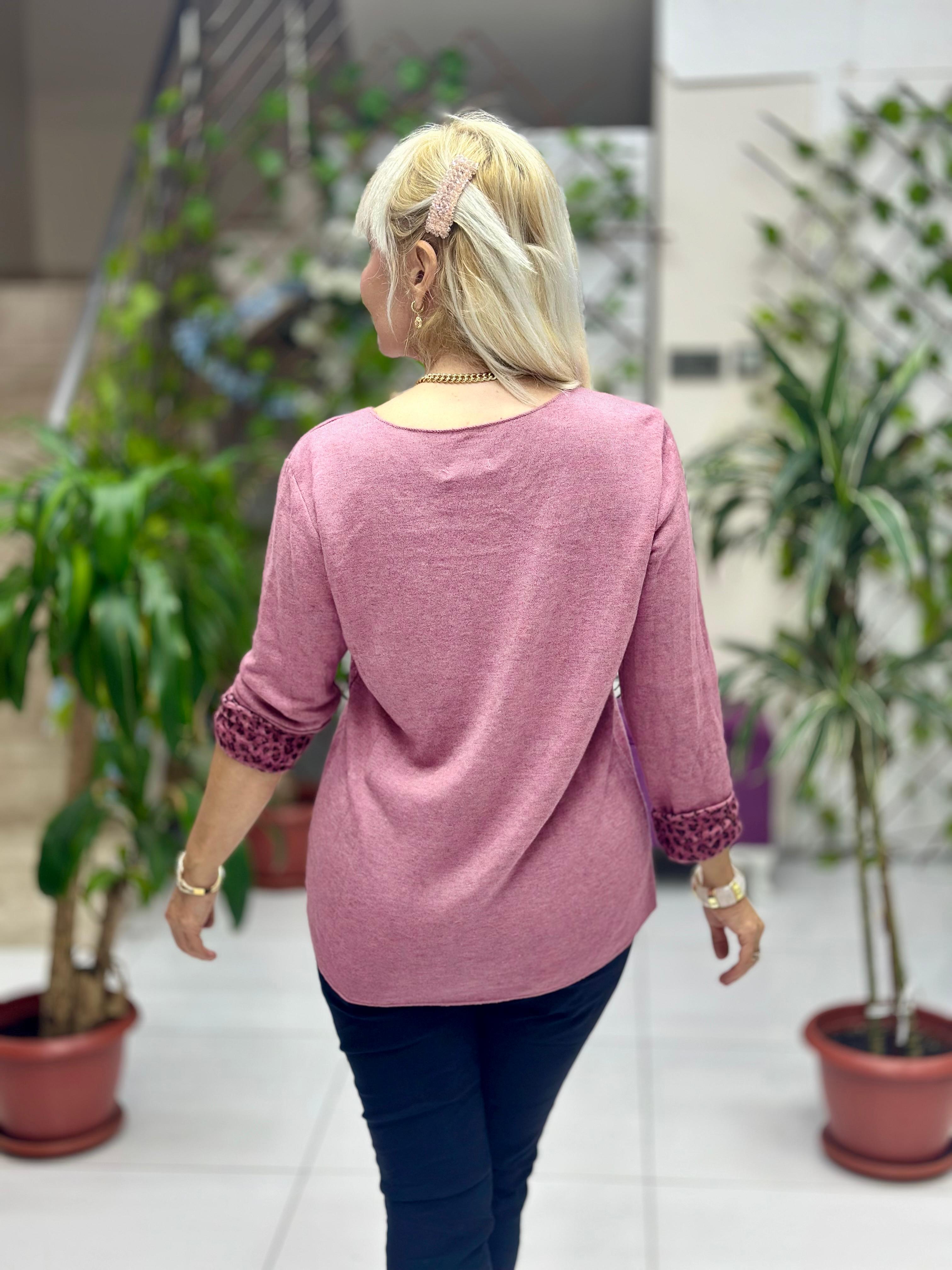 NC1202 İçi Leoparlı Yuvarlak Yaka Triko Küçük Kalıp Bluz Gül Kurusu