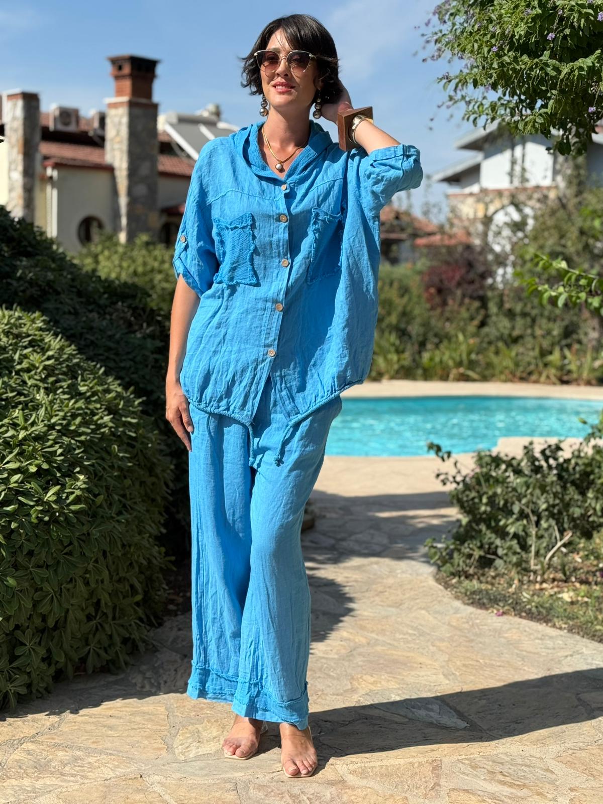 PT2256 İtalyan Önü Cepli Kapüşonlu Keten Takım Mavi