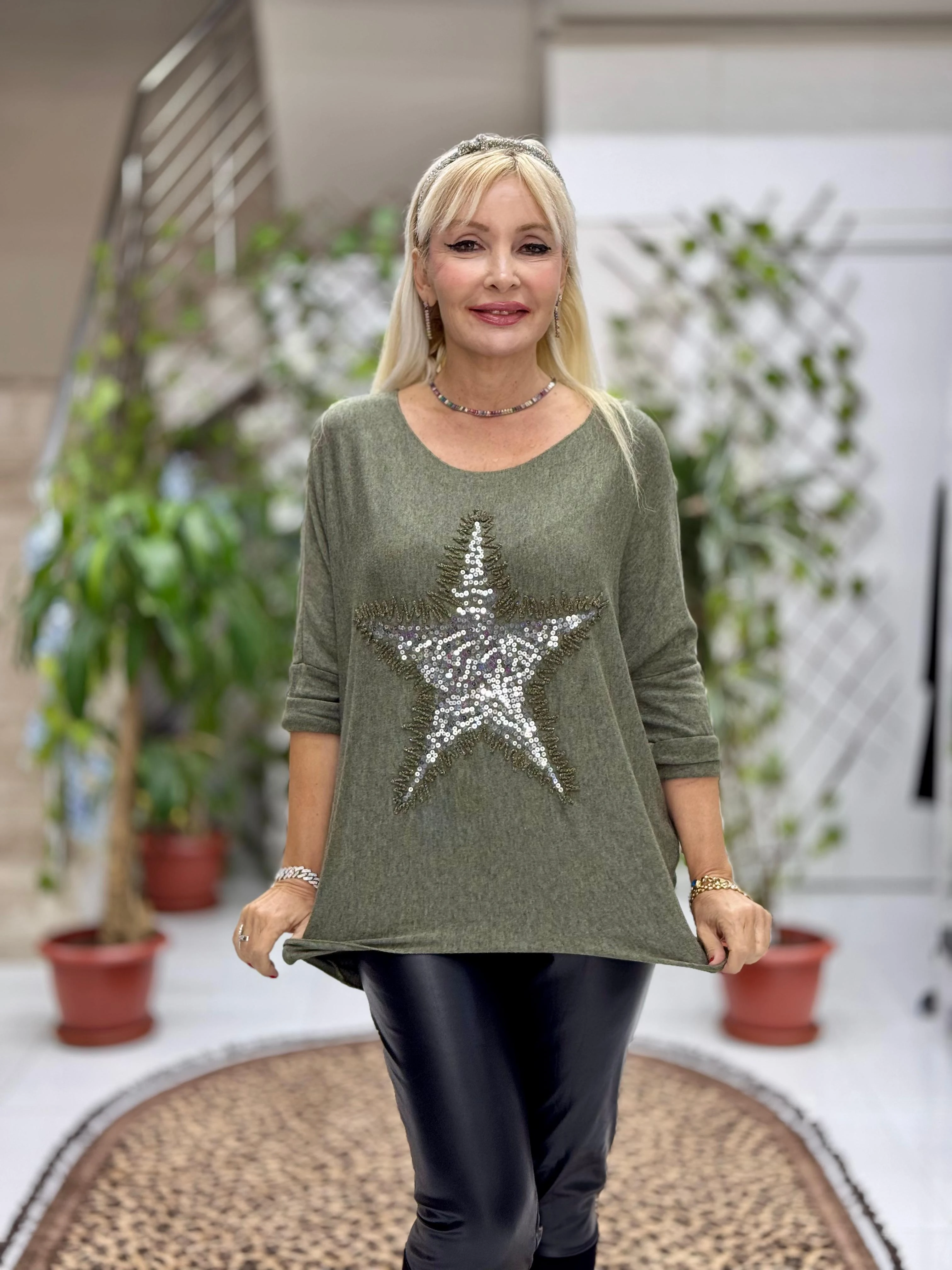 NC1778 İtalyan Yıldız desen Pulpayetli Bluz Haki