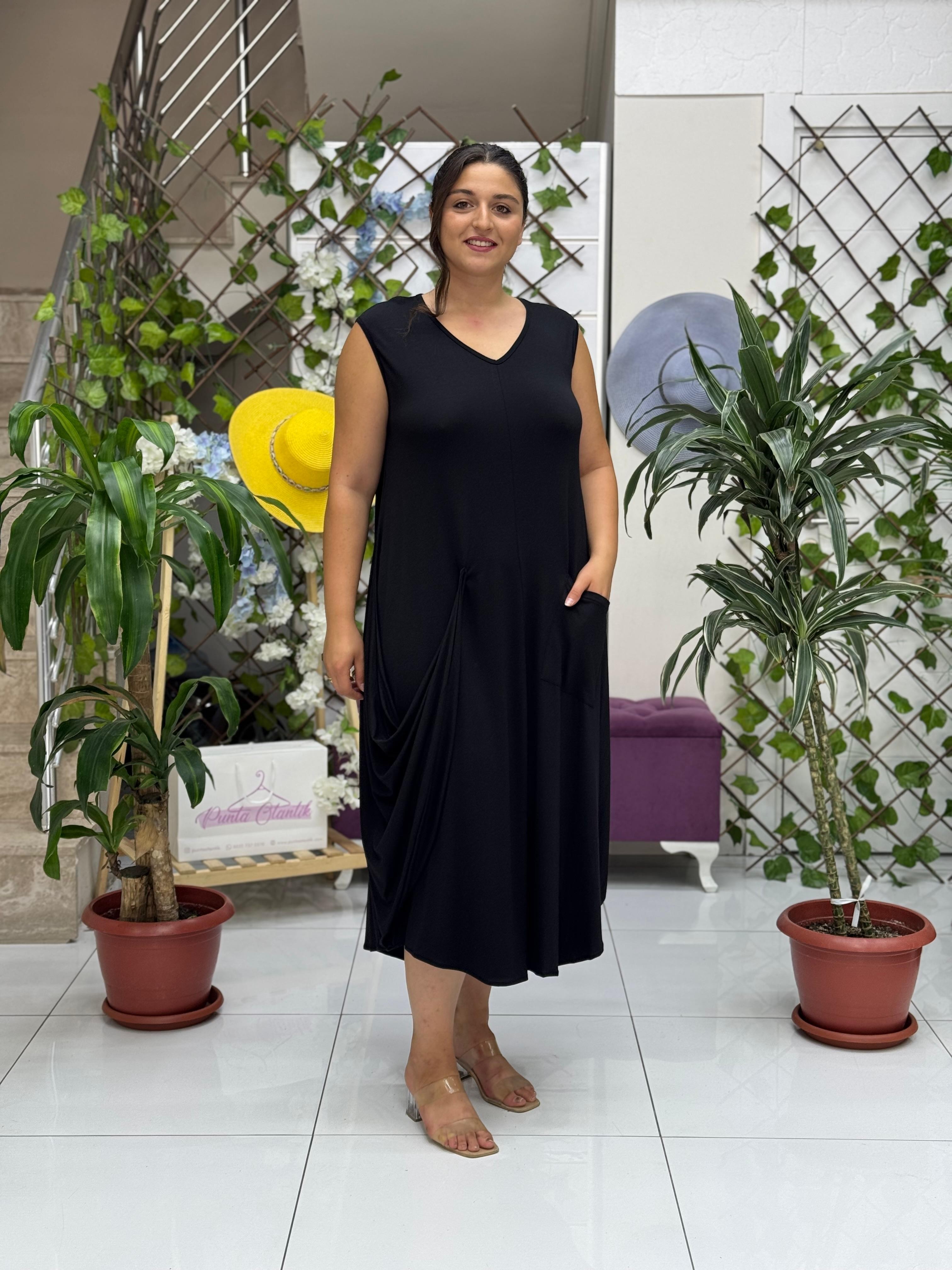 TS1004 Yırtmaçlı Kolsuz Turlu Viskon Elbise Siyah