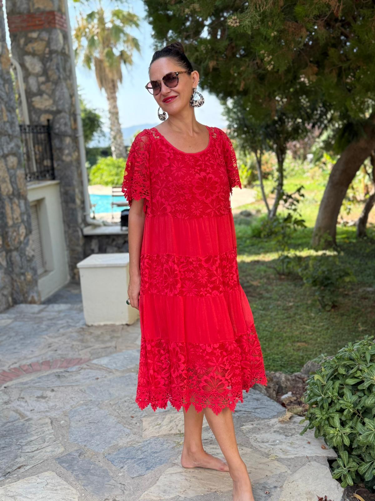 NCC10337 İtalyan İpek Elbise kırmızı