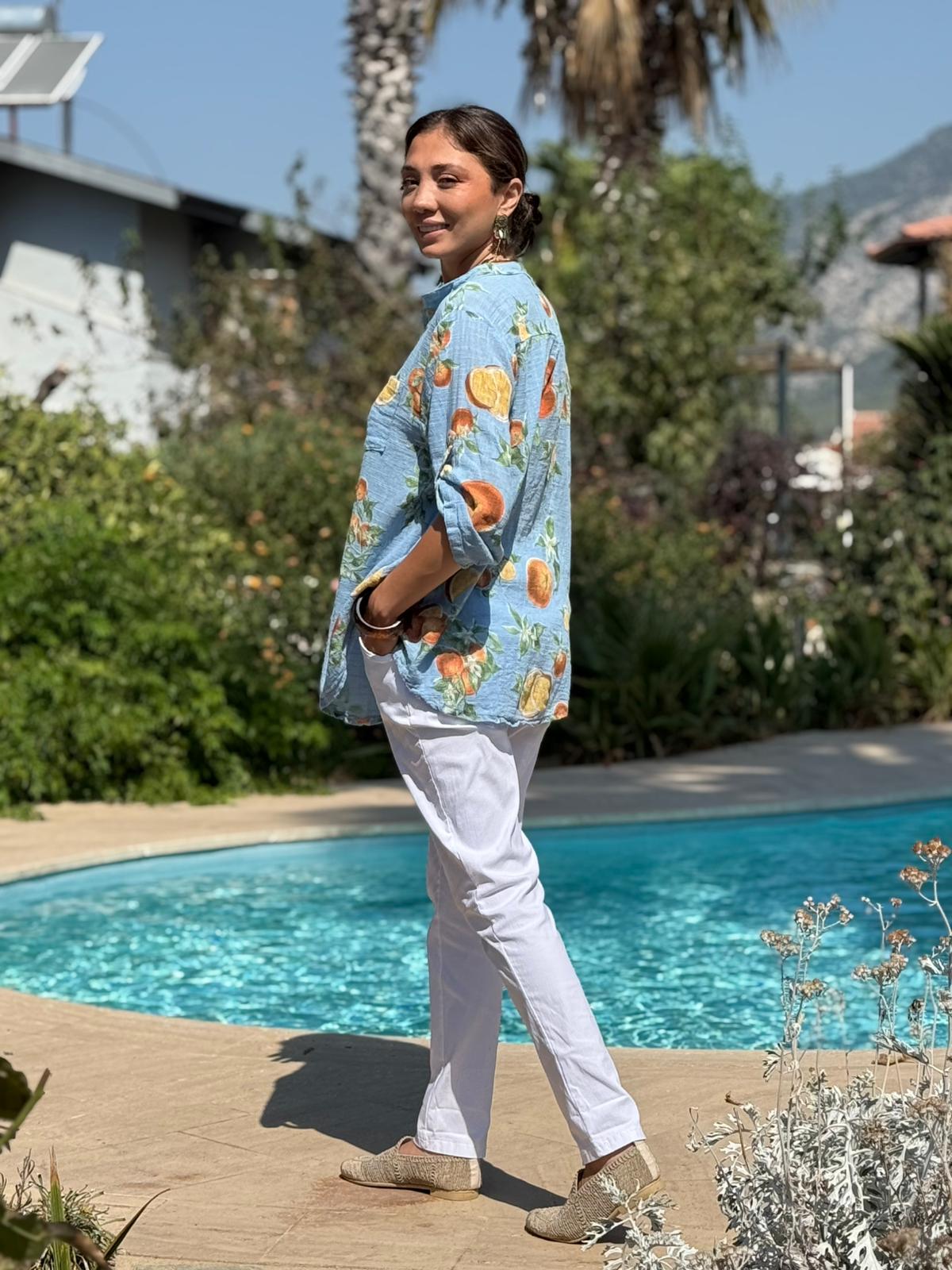 NC154553 İtalyan Pamuk Keten Bluz Mavi