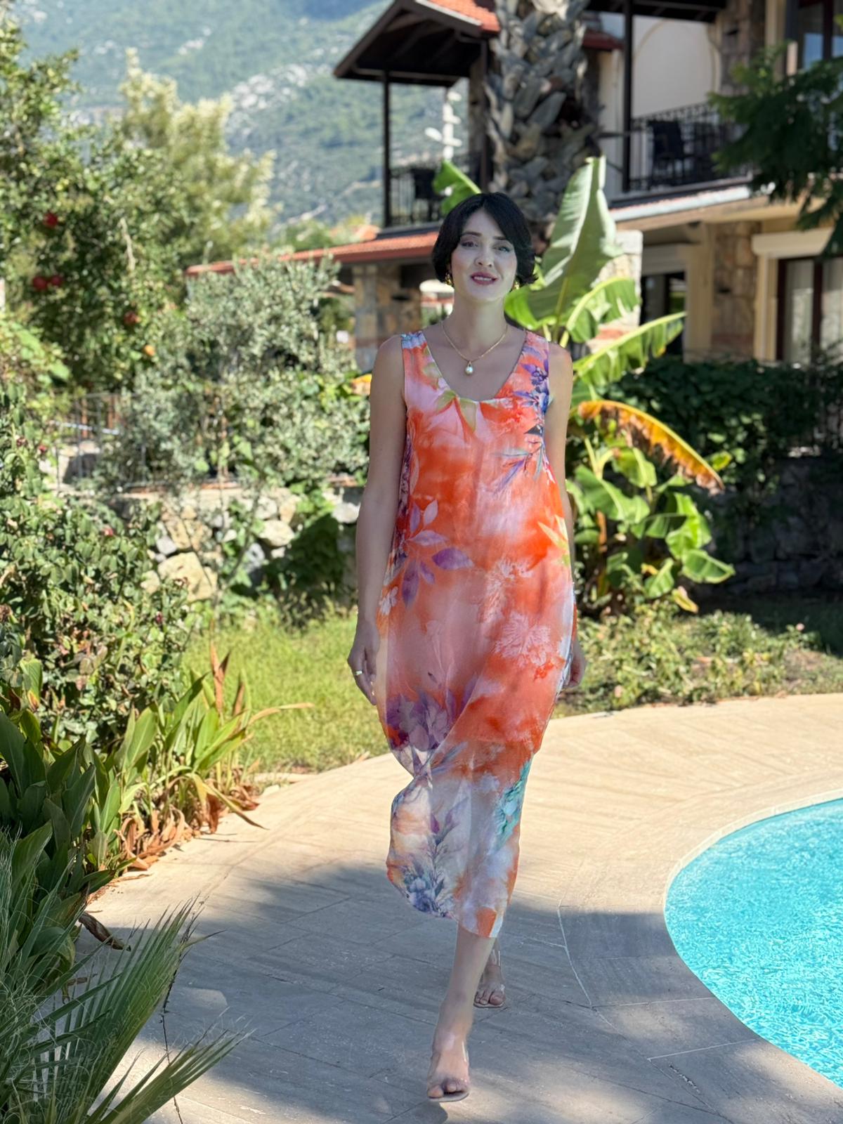 YG20641 İtalyan Çiçekli Askılı İpek Elbise Oranj