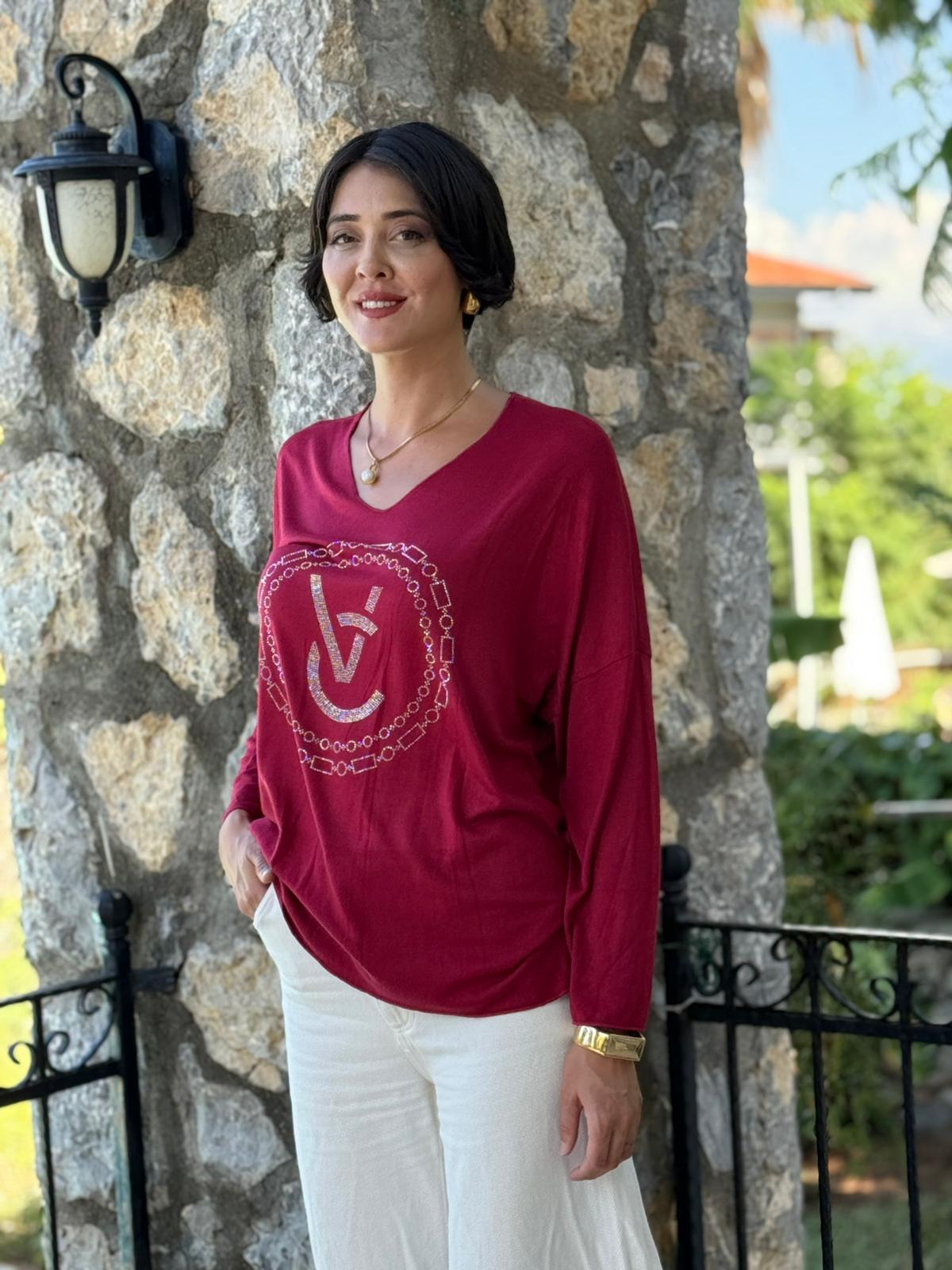 FXLS82681 İtalyan Taş Baskılı Triko Bluz Bordo
