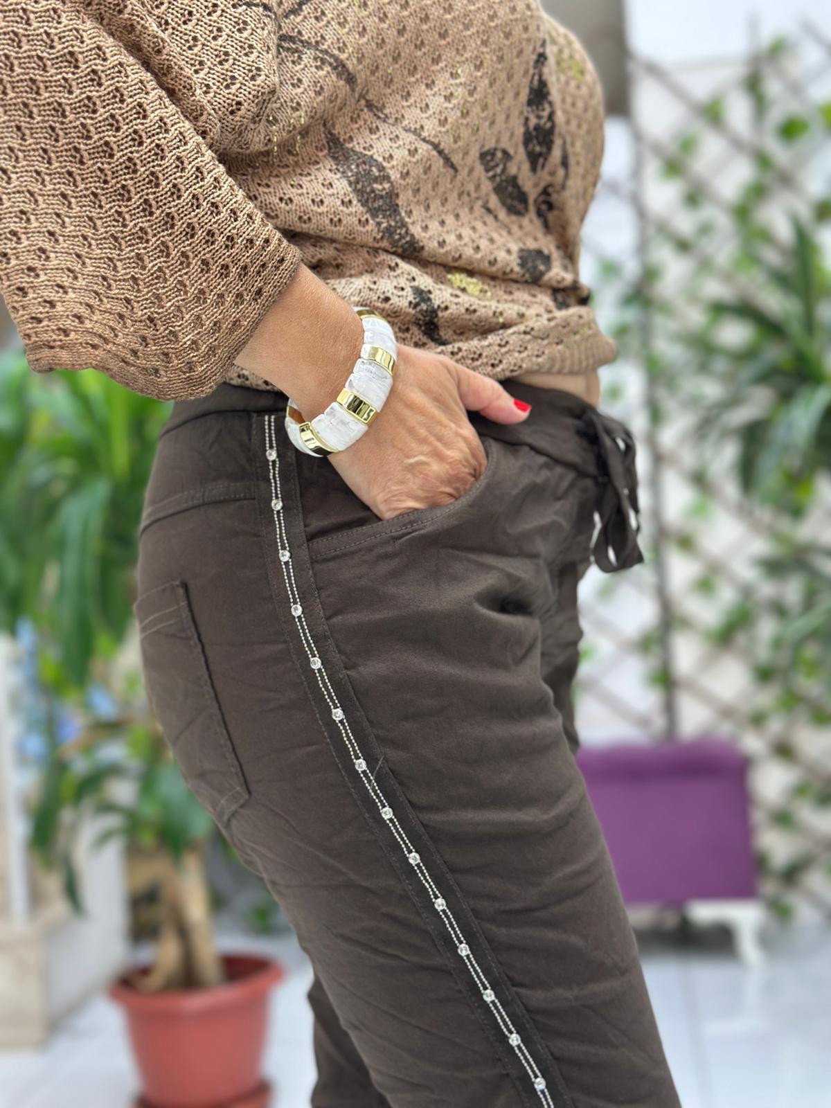 NC50208A İtalyan Yanlar Taşlı Coton Pantolon Kahverengi