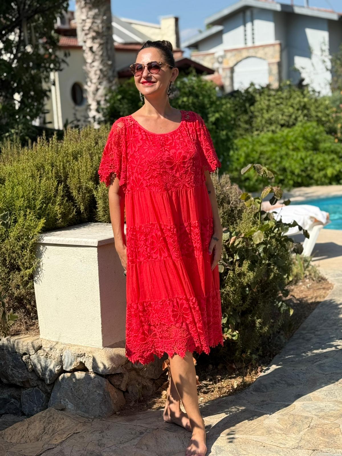 NCC10337 İtalyan İpek Elbise kırmızı