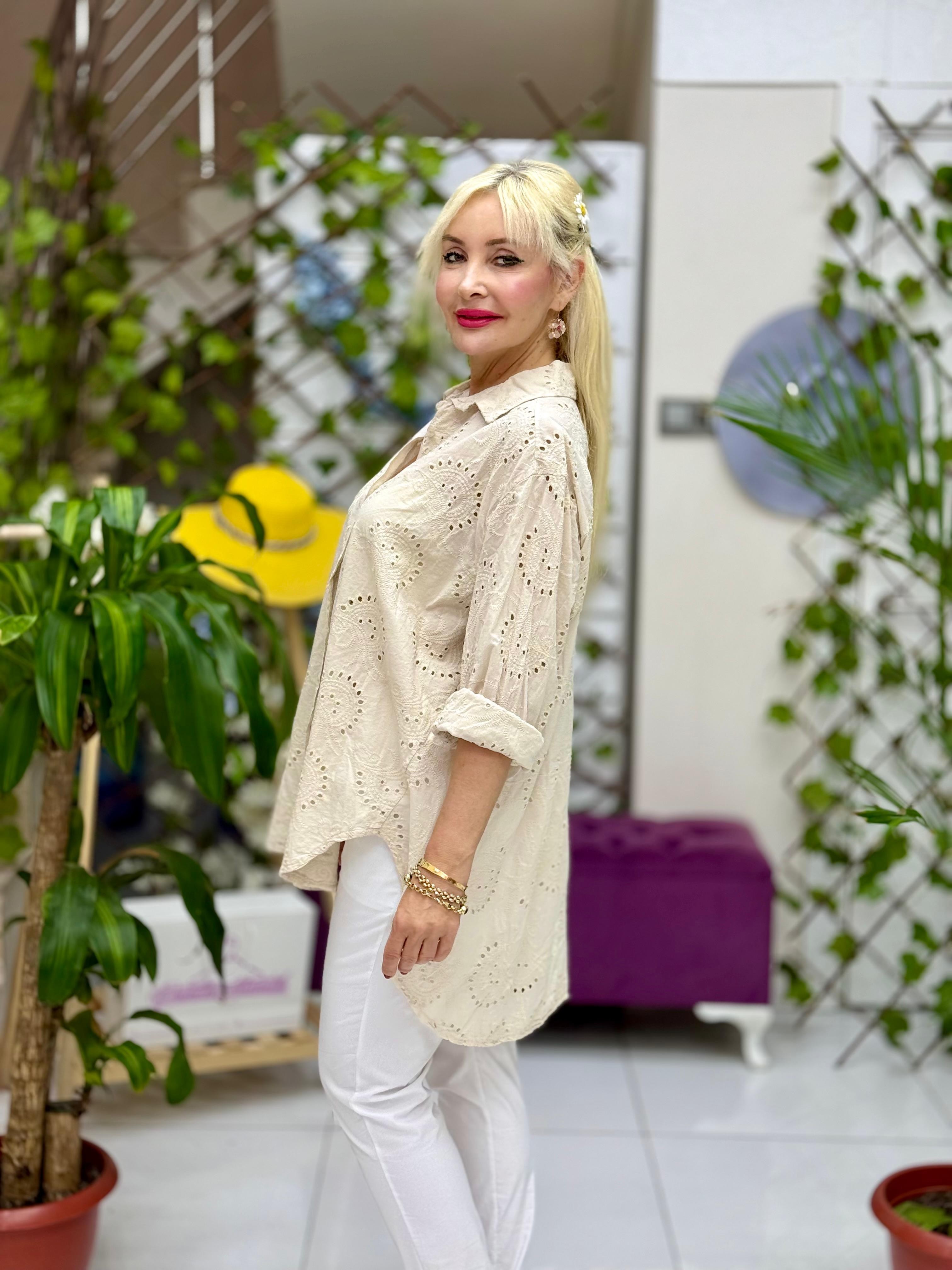 YG3731 İtalyan Brodeli Tunik Gömlek krem