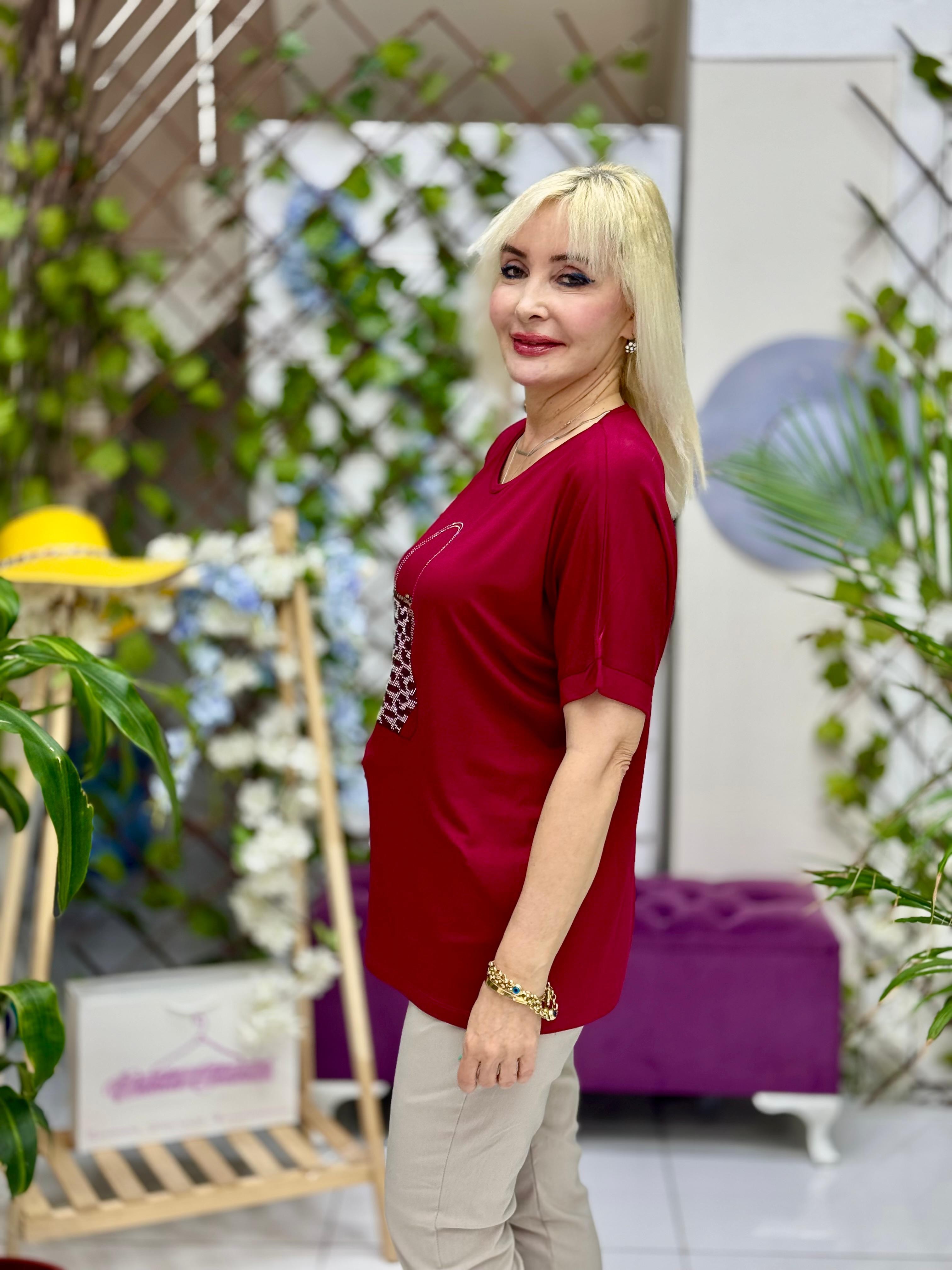 MS11025 Çanta Taş Baskılı Penye Tişört Bordo