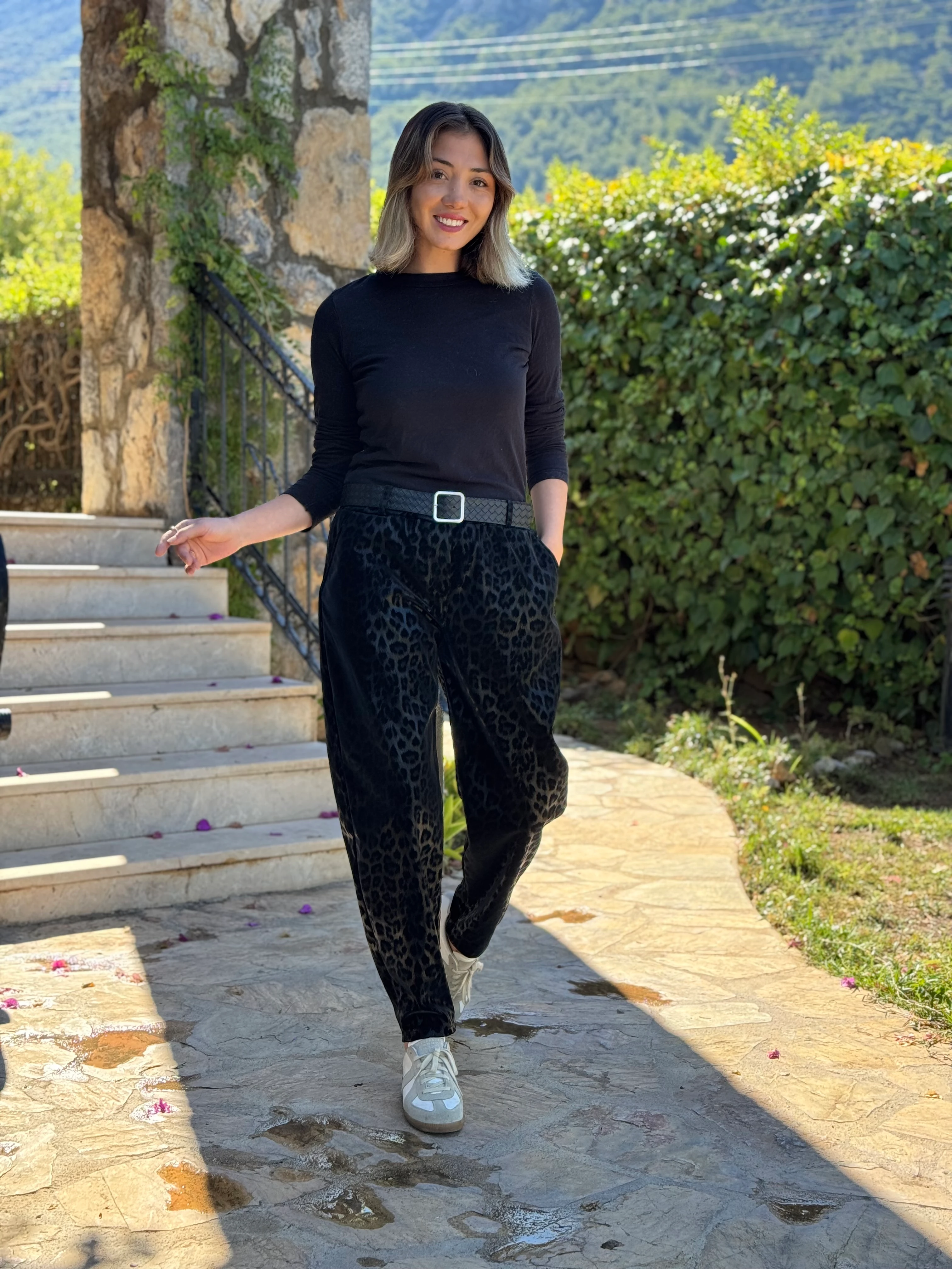 NC242976 italyan Leopar Desen Deri Pantolon Siyah