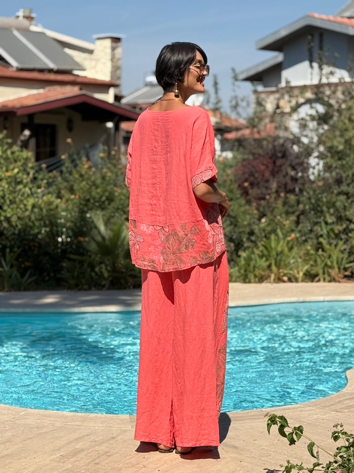 NC61253 İtalyan Çiçek Baskılı Keten Takım Mercan